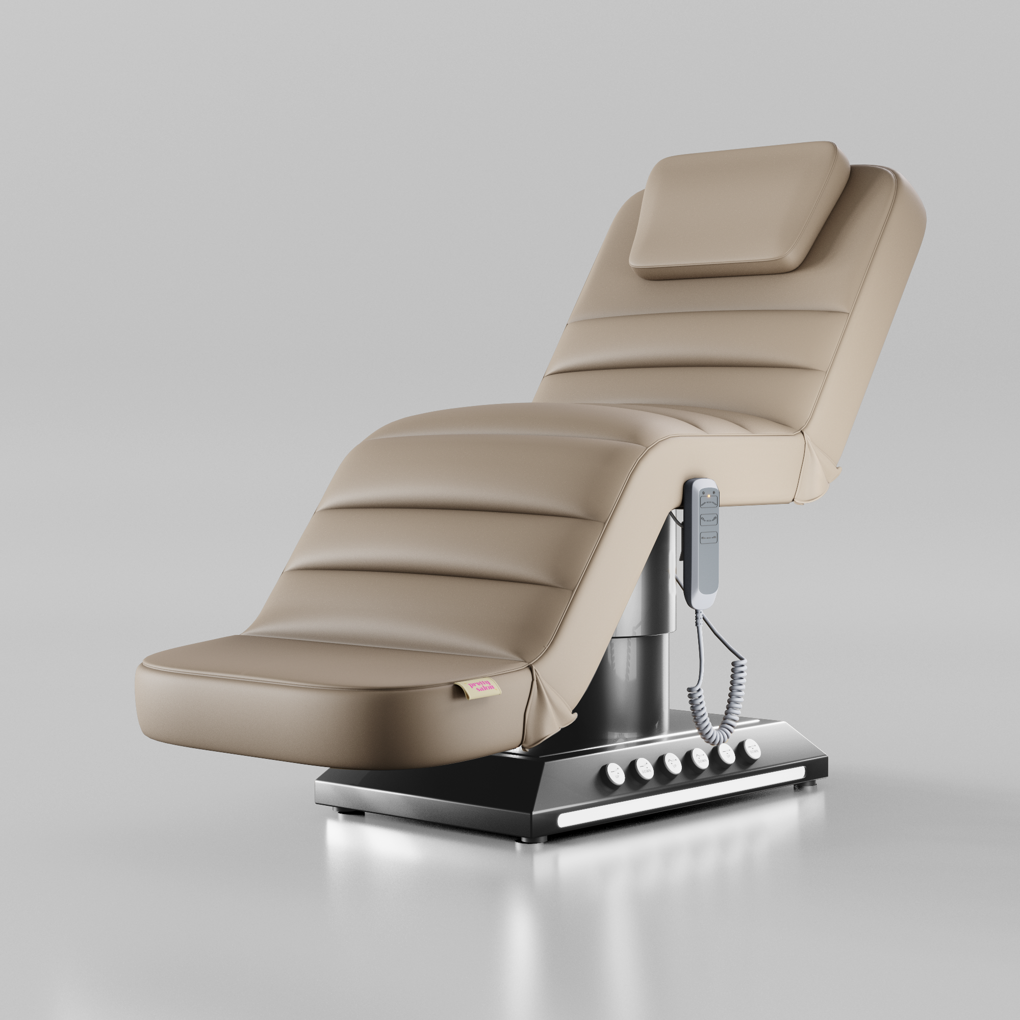 Nude adjustable beauty bed with chrome black base and foot pedal controls for salons and clinics