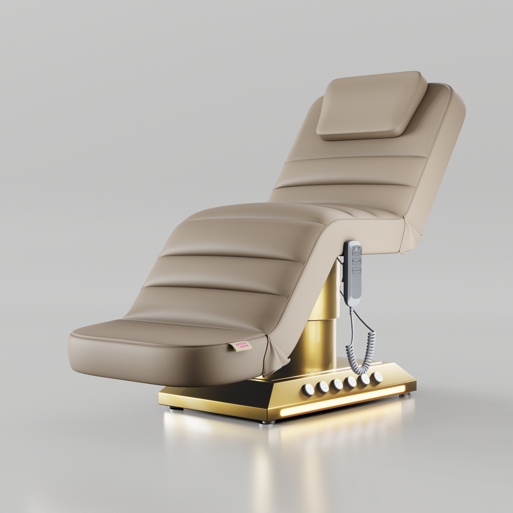 Nude adjustable beauty bed with gold base and foot pedal controls for salons and clinics
