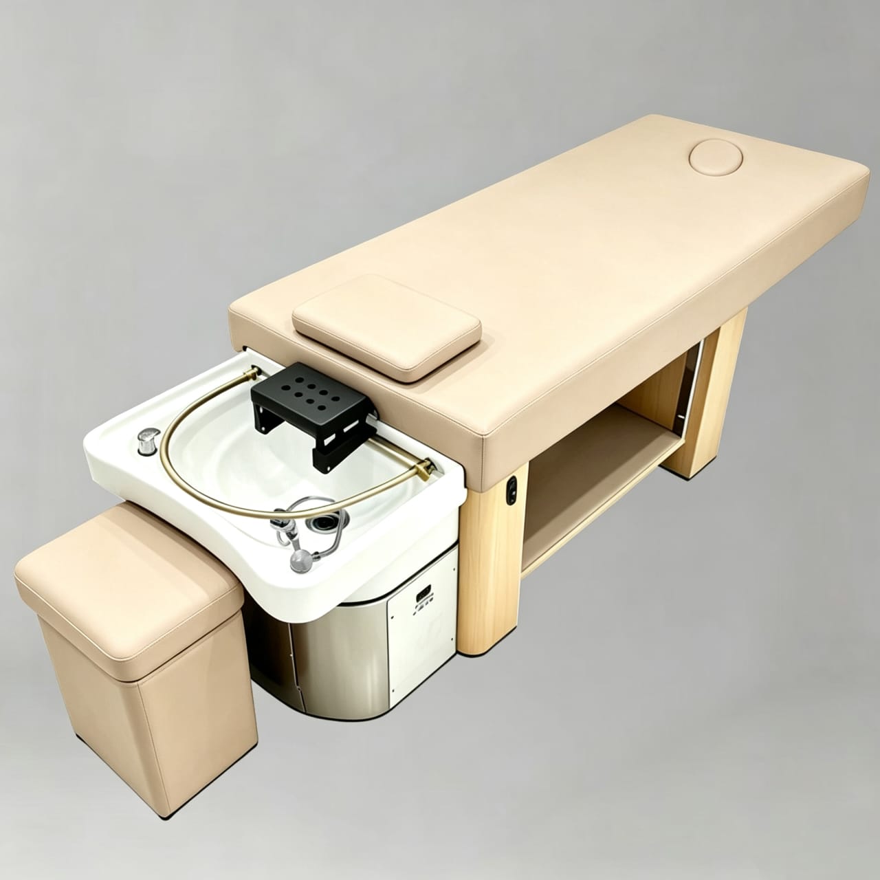 Electric adjustable bed with gold halo and nude stool 