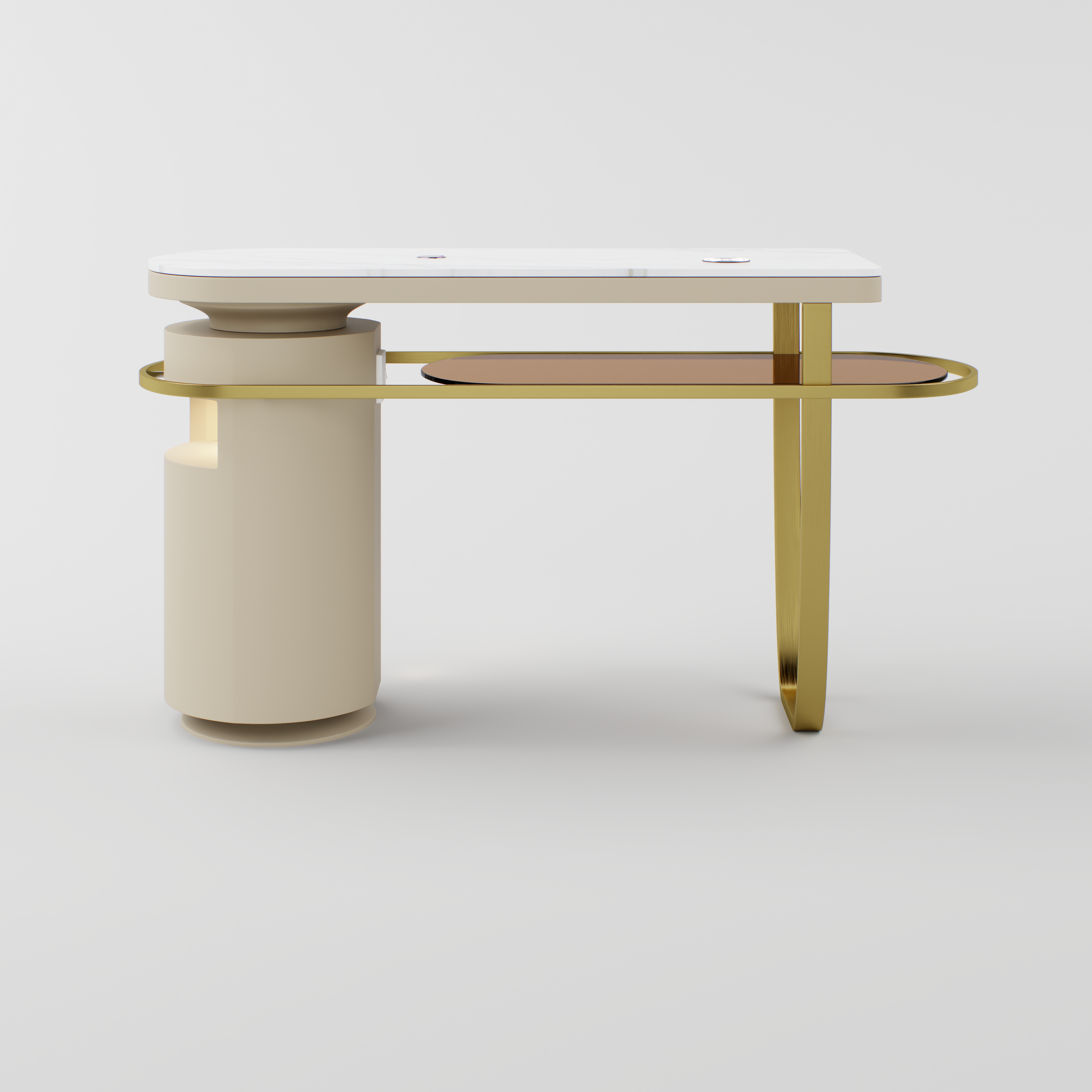 Nail Table showcasing the amber glass-style lower shelf supported by a curved gold frame.