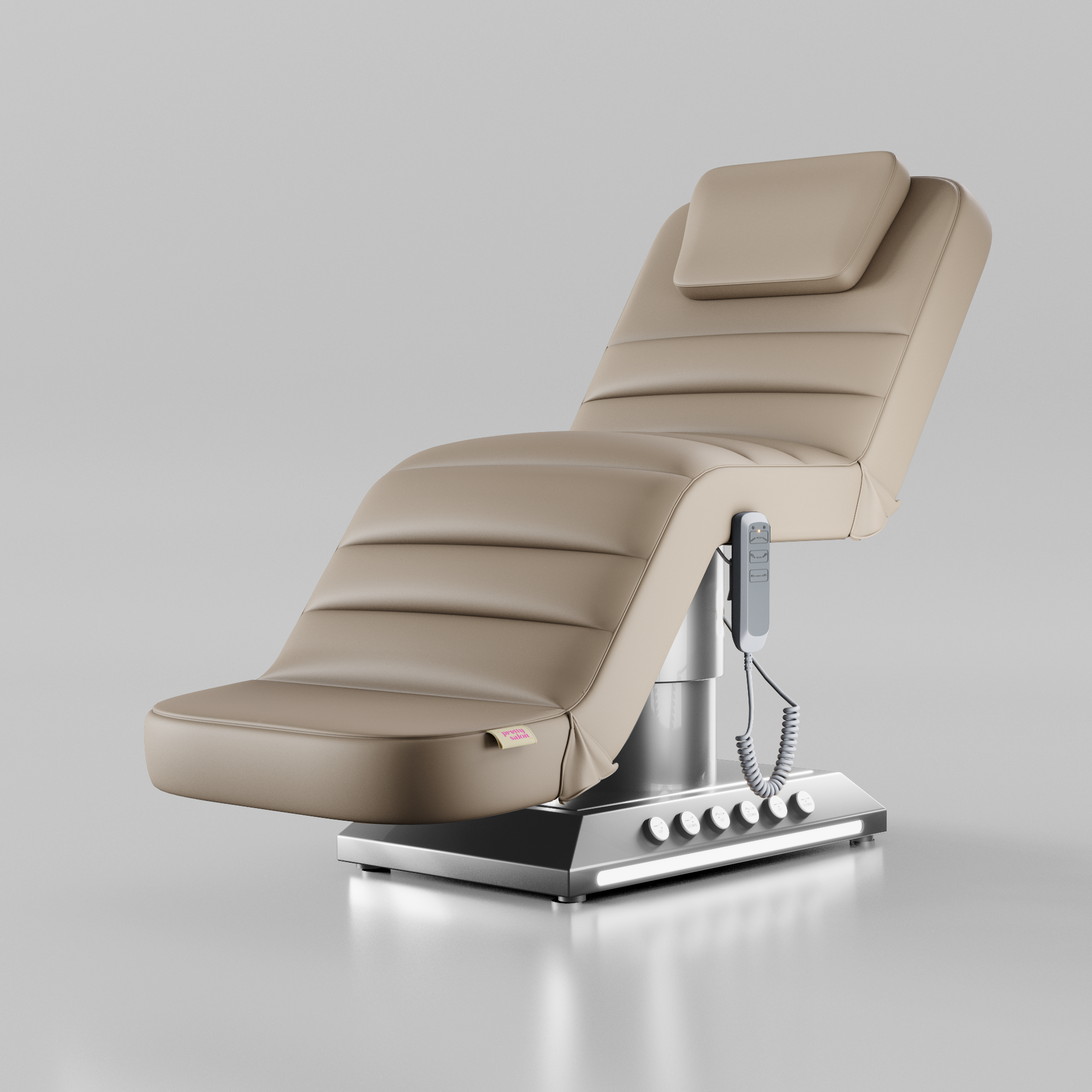Nude adjustable beauty bed with silver base and foot pedal controls for salons and clinics