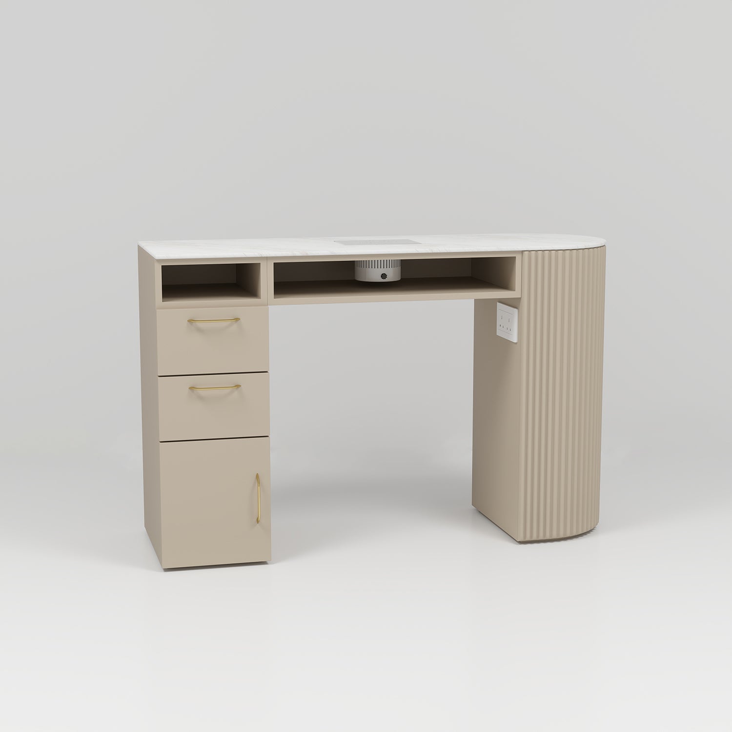 Nude nail desk with white top, extractor fan and draws 