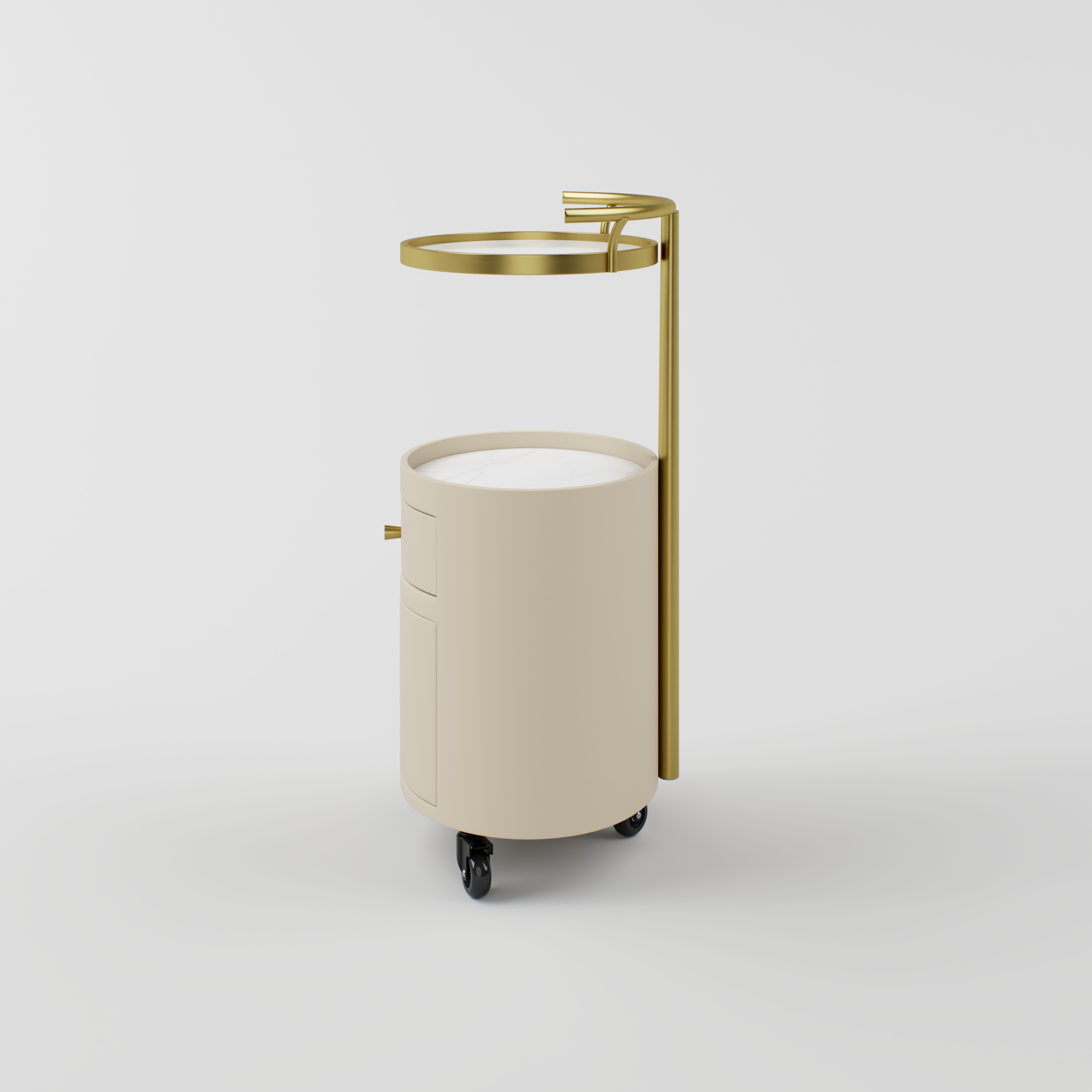 Elegant nude and gold trolley topped with durable sintered stone.