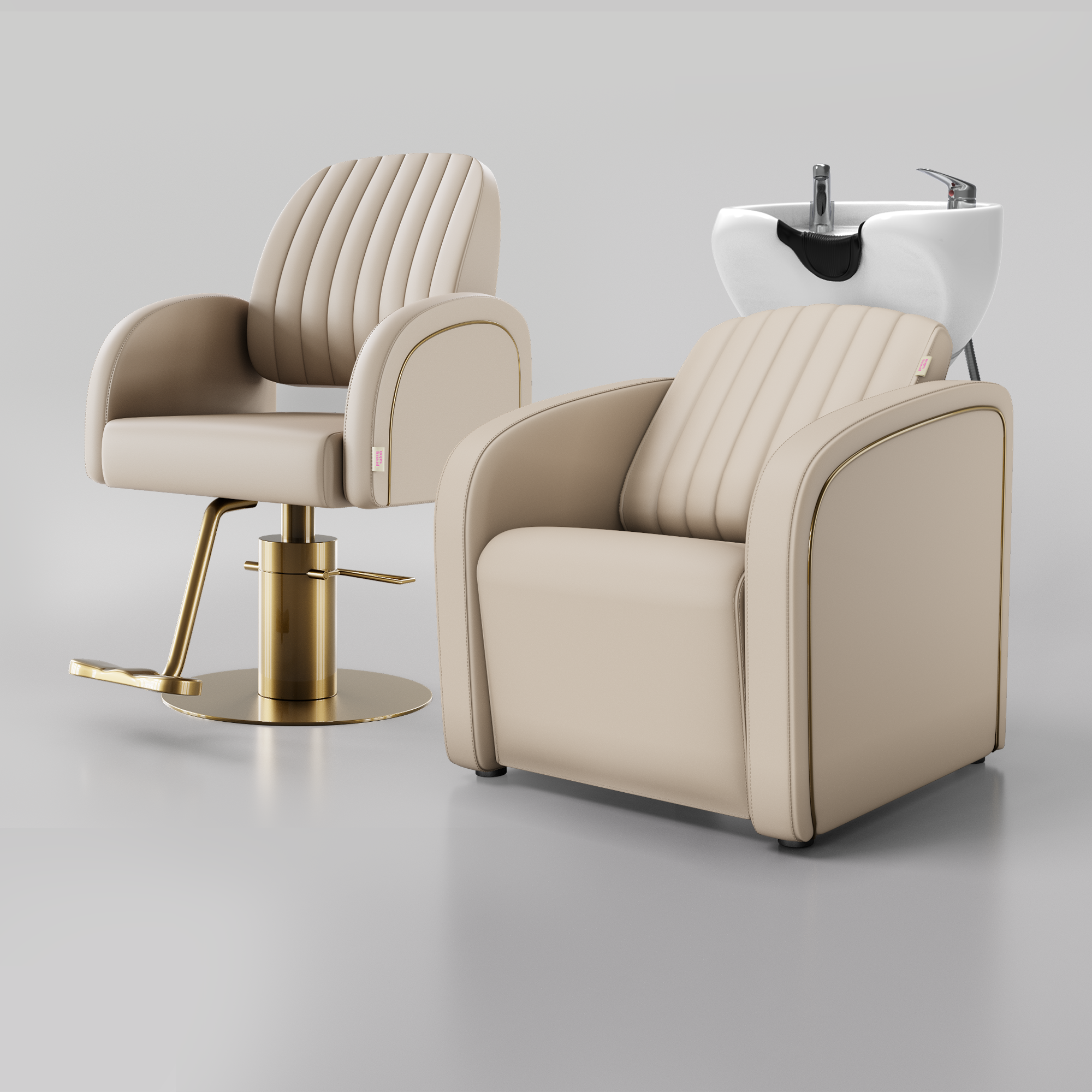 A beige salon chair and backwash unit st with a gold-tone base and a matching white hair wash bowl