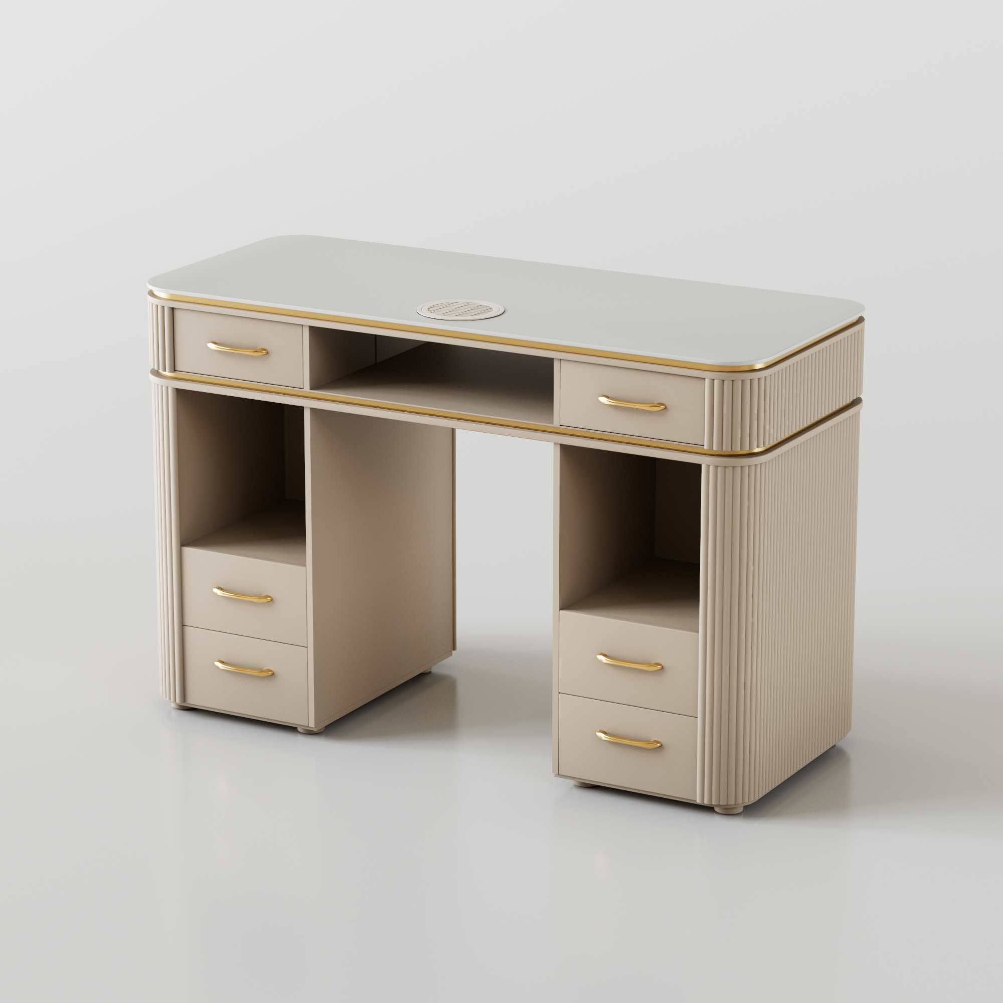 Beige nail desk for one person and gold handles, with fluted panels 