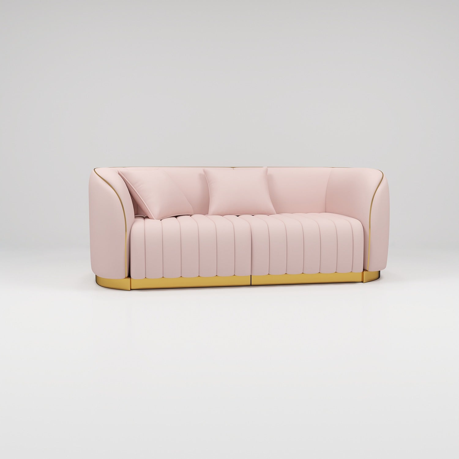 pink leather sofa with gold trim 