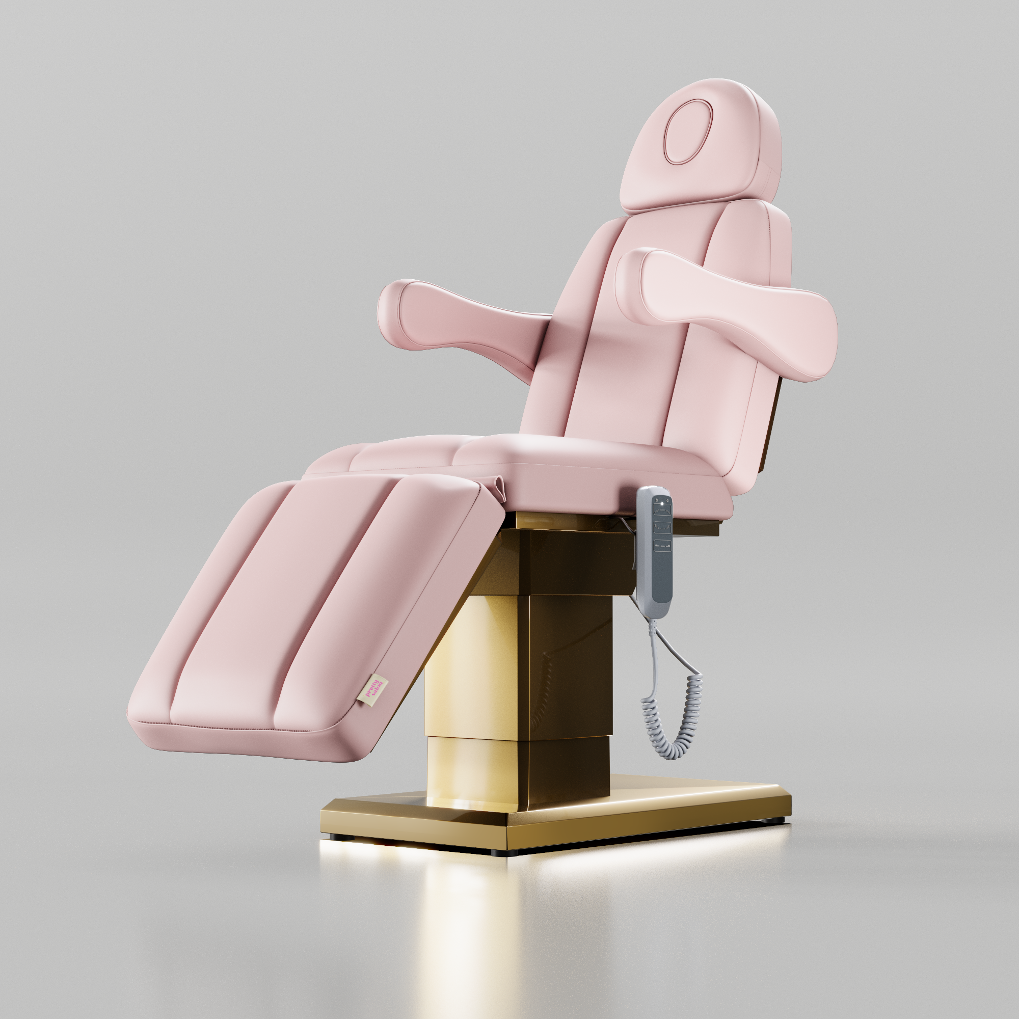 Pink leather electric beauty bed with gold base and hand control
