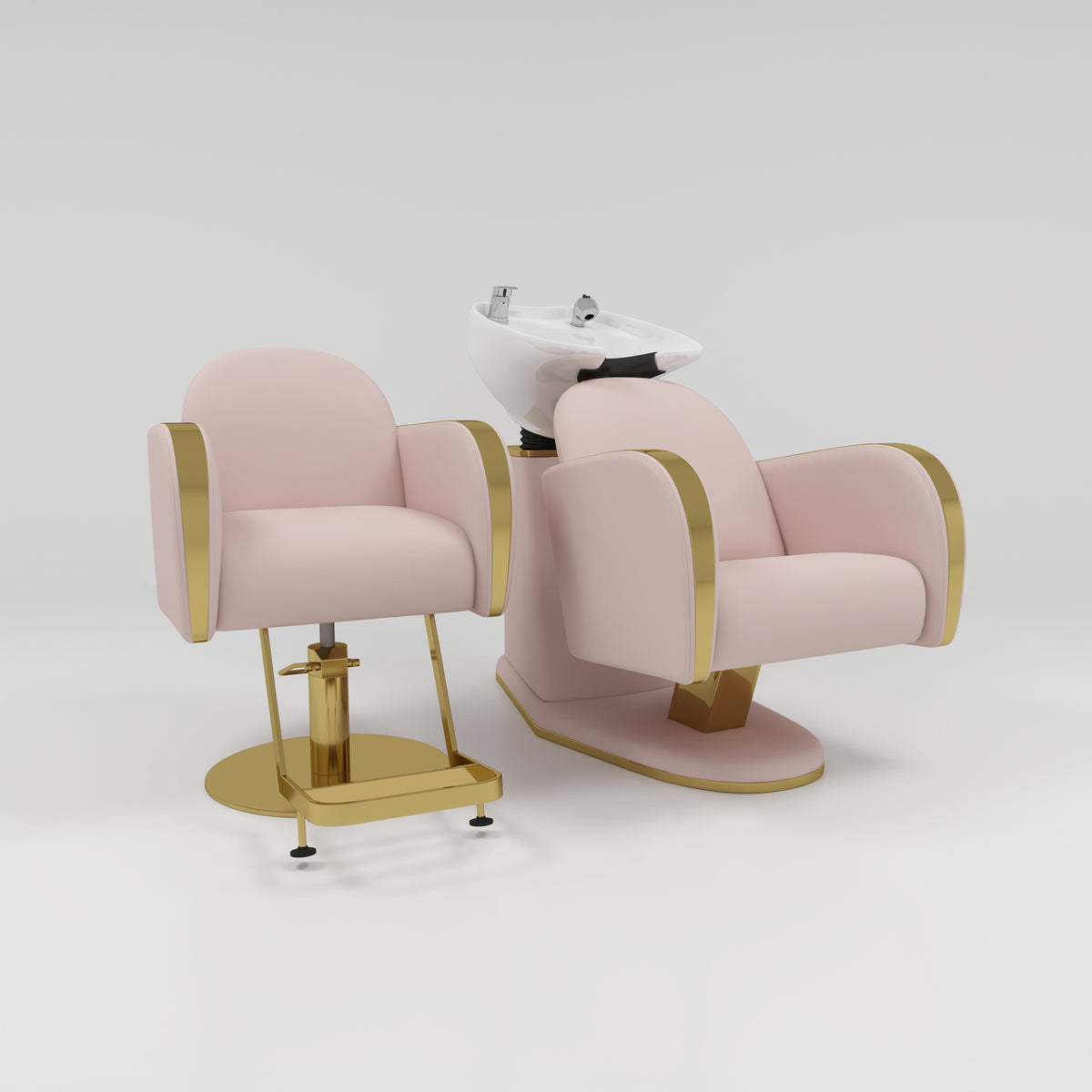 Hairdressing Chair and Shampoo Chair Set in Pink and Gold with Silver Taps 