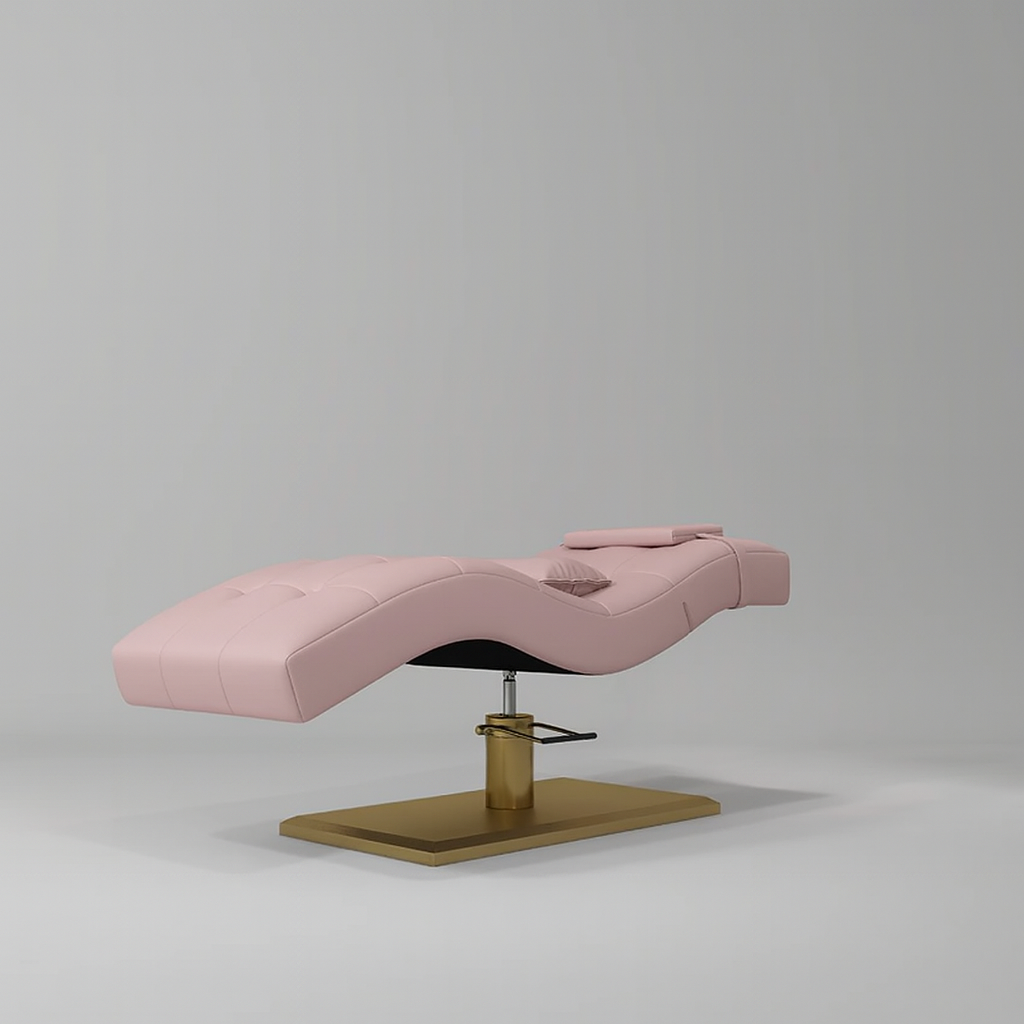 Pink leather beauty bed with gold rectangle base with pump