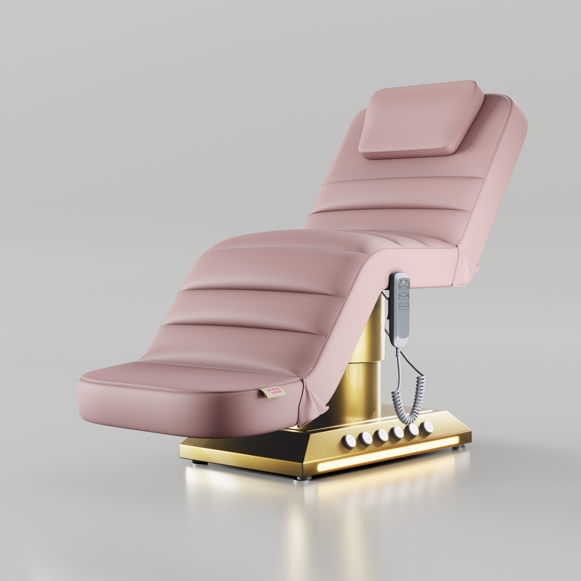 Pink electric treatment bed with foot control and gold base for beauty and aesthetic treatments
