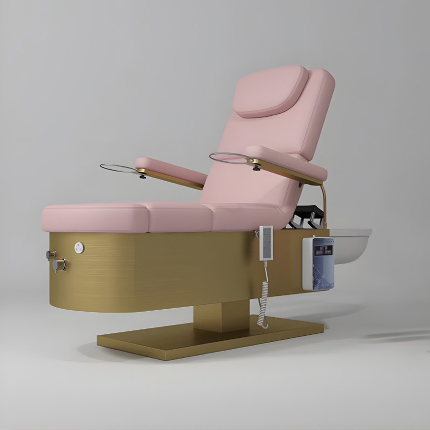 Electric Japanese Head Spa Bed with Foot Spa in Leather and Gold Base