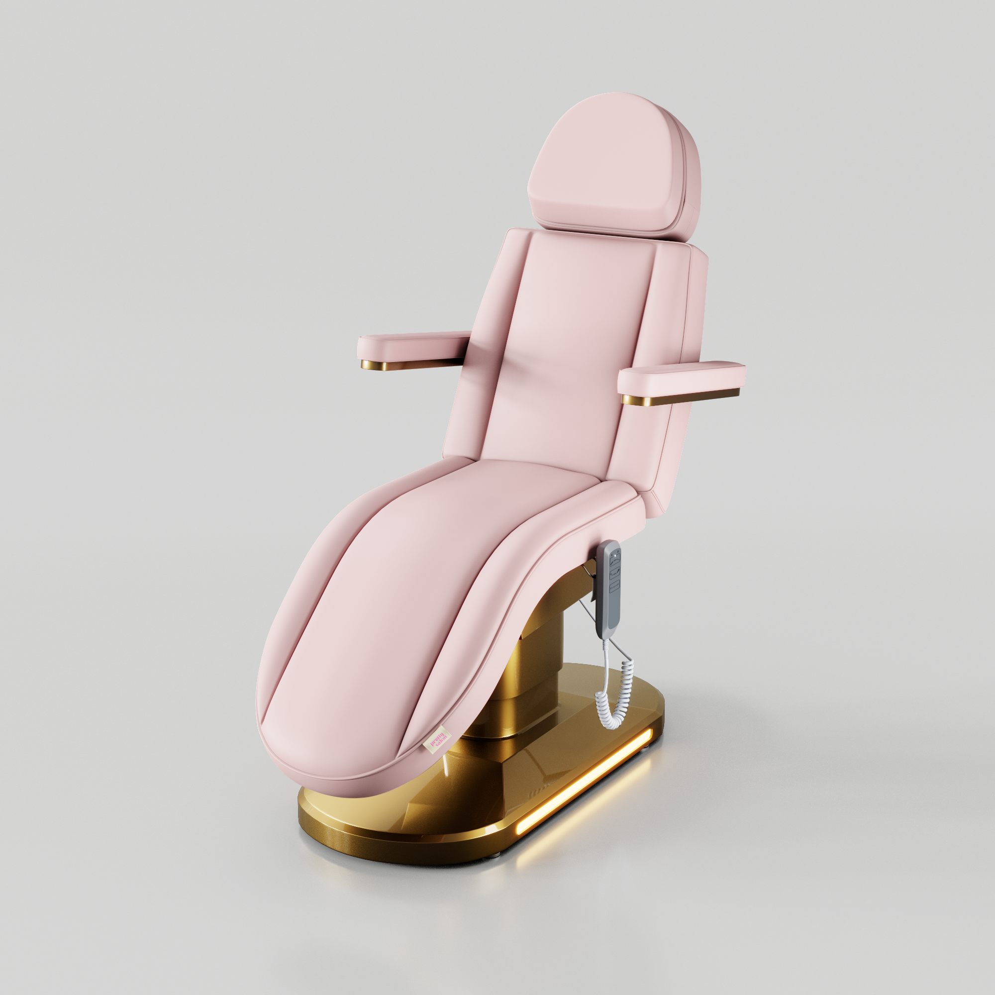 Baby pink curved electric beauty bed with gold base and adjustable positions for aesthetic treatments 