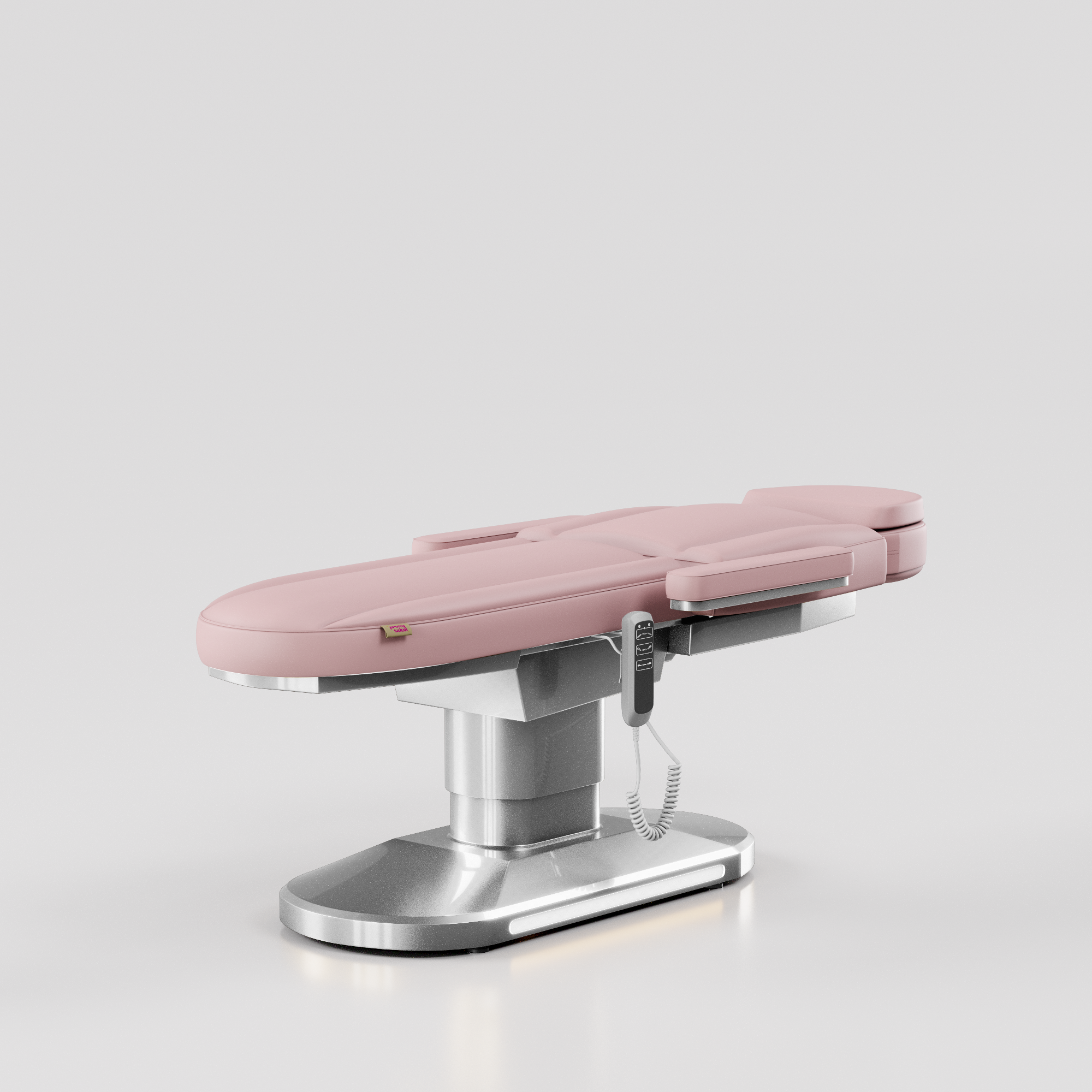 Pink electric treatment bed with silver base and adjustable reclining positions