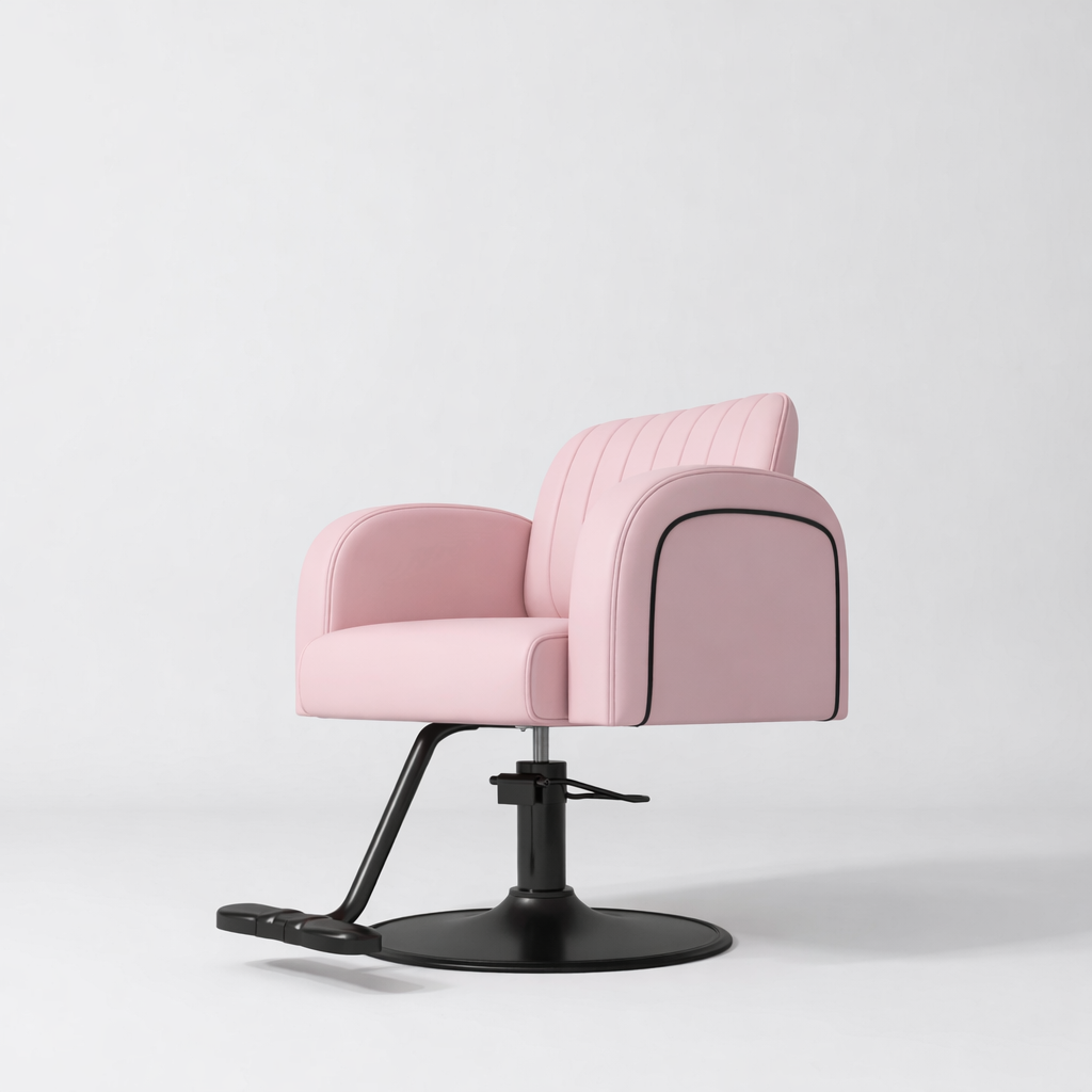 Pink Leather Hairdressing Chair with Black  Accessories and Circle Black Base