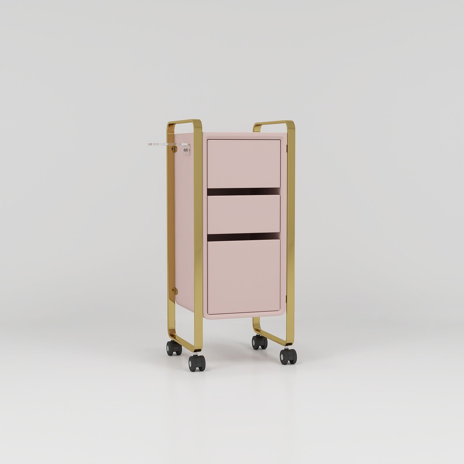 Hairdressing trolley in pink with gold arms and wheels