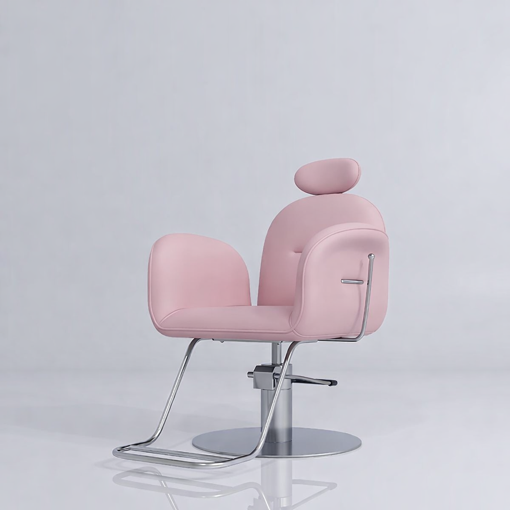 Pink Leather Hair Styling Chair with Circle Silver Base and Footrest
