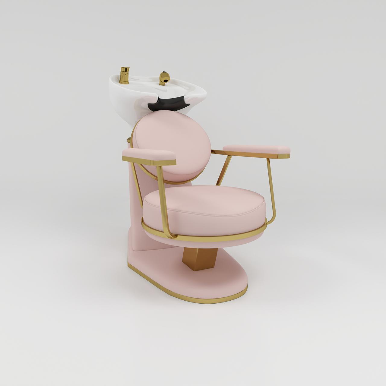 pink backwash unit with circle back and gold accessories