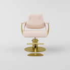 pink leather modern chair with gold base and footrest 
