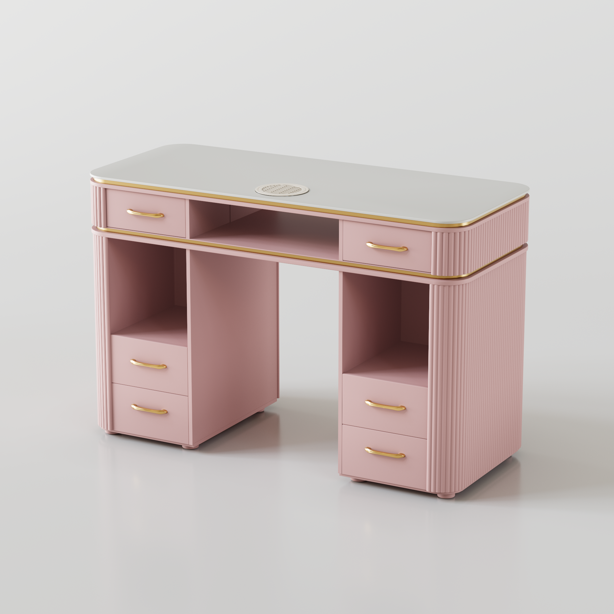 Luxury modern pink nail desk for nail salons, with gold handles 