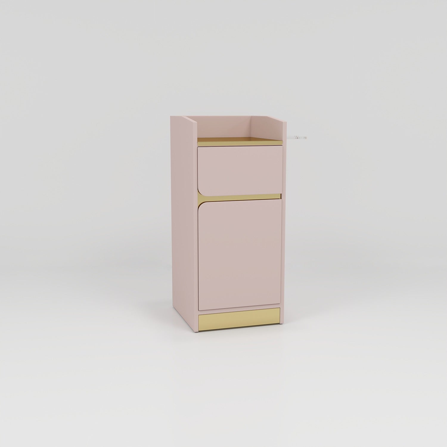 pink salon storage cabinet with gold 