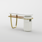 Full view of the professional manicure table combining sintered stone, stainless steel, and integrated charging features.