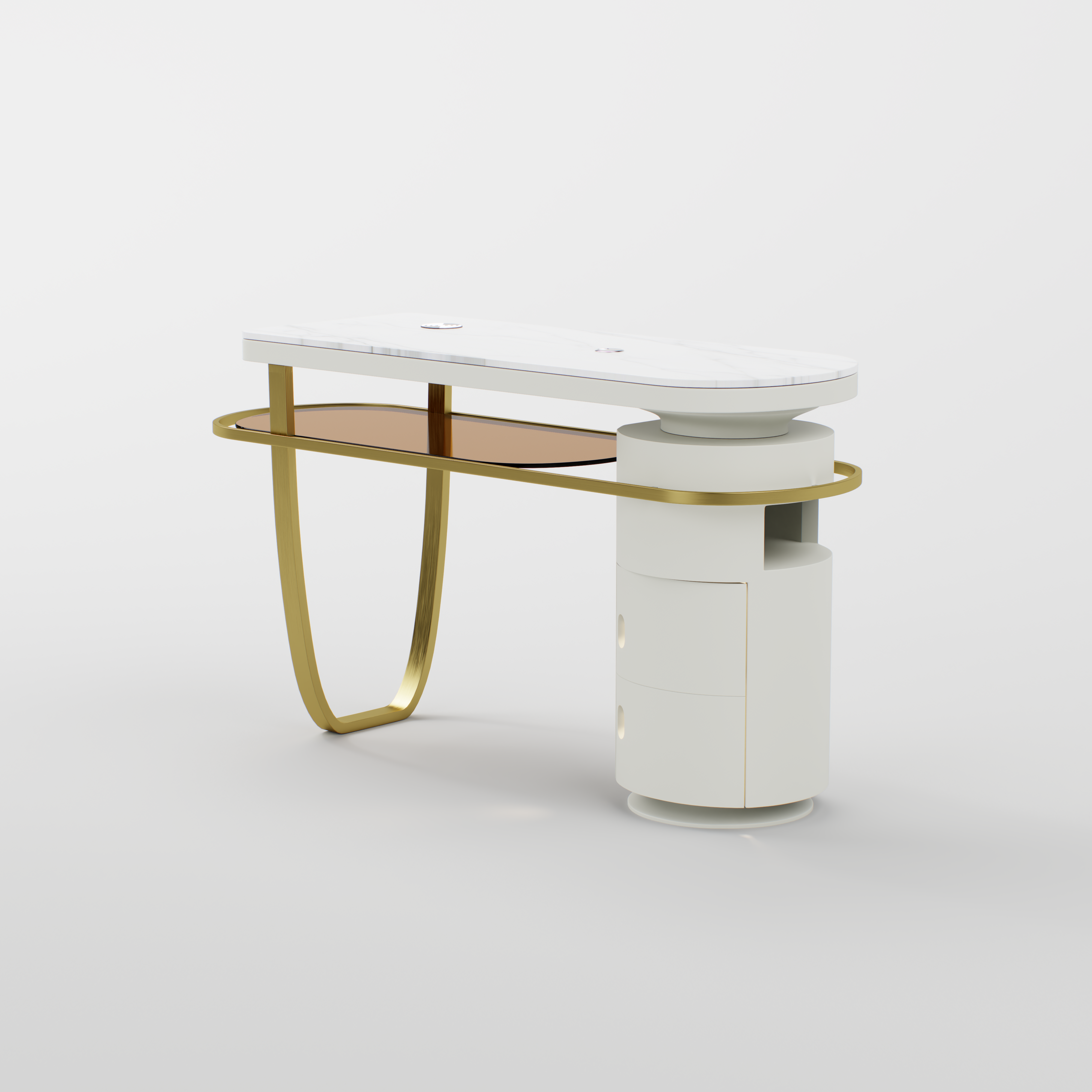 Full view of the professional manicure table combining sintered stone, stainless steel, and integrated charging features.