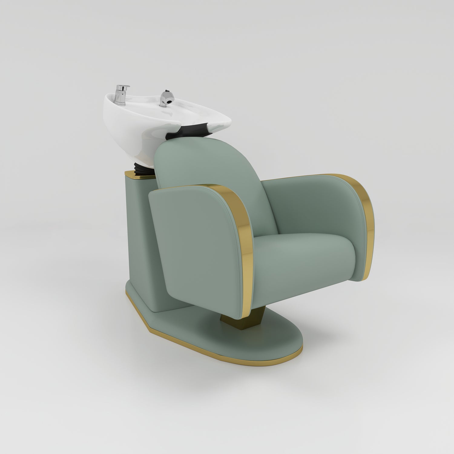 A modern salon chair with a built-in shampoo bowl. The chair features a sage green upholstered seat and backrest with gold trim, supported by a matching sage green base.