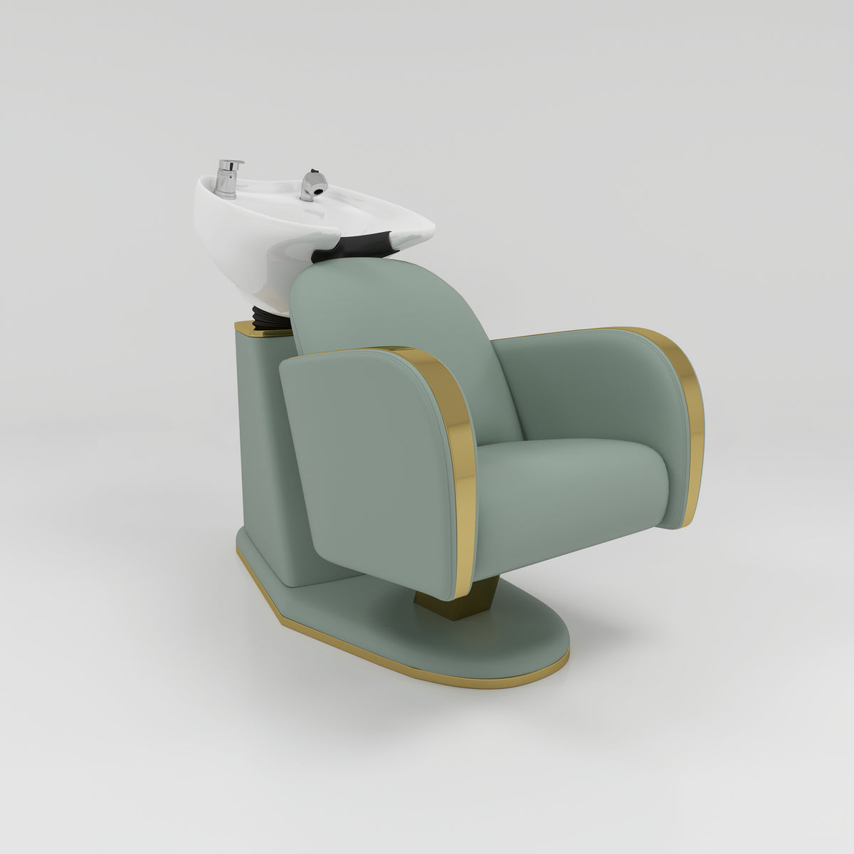 A modern salon chair with a built-in shampoo bowl. The chair features a sage green upholstered seat and backrest with gold trim, supported by a matching sage green base.