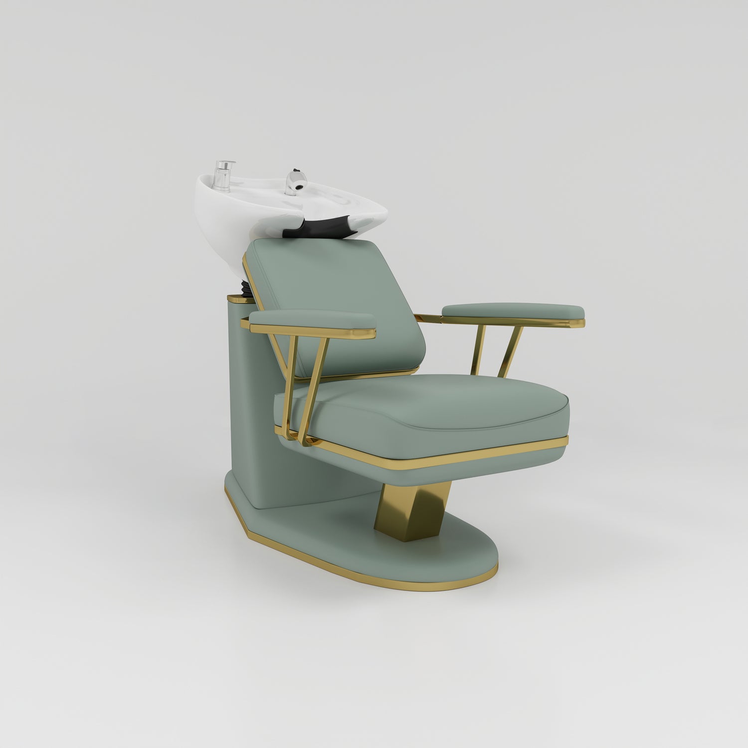 Sage Green and Gold Trimed Backwash Unit with White Bowl and Silver Taps