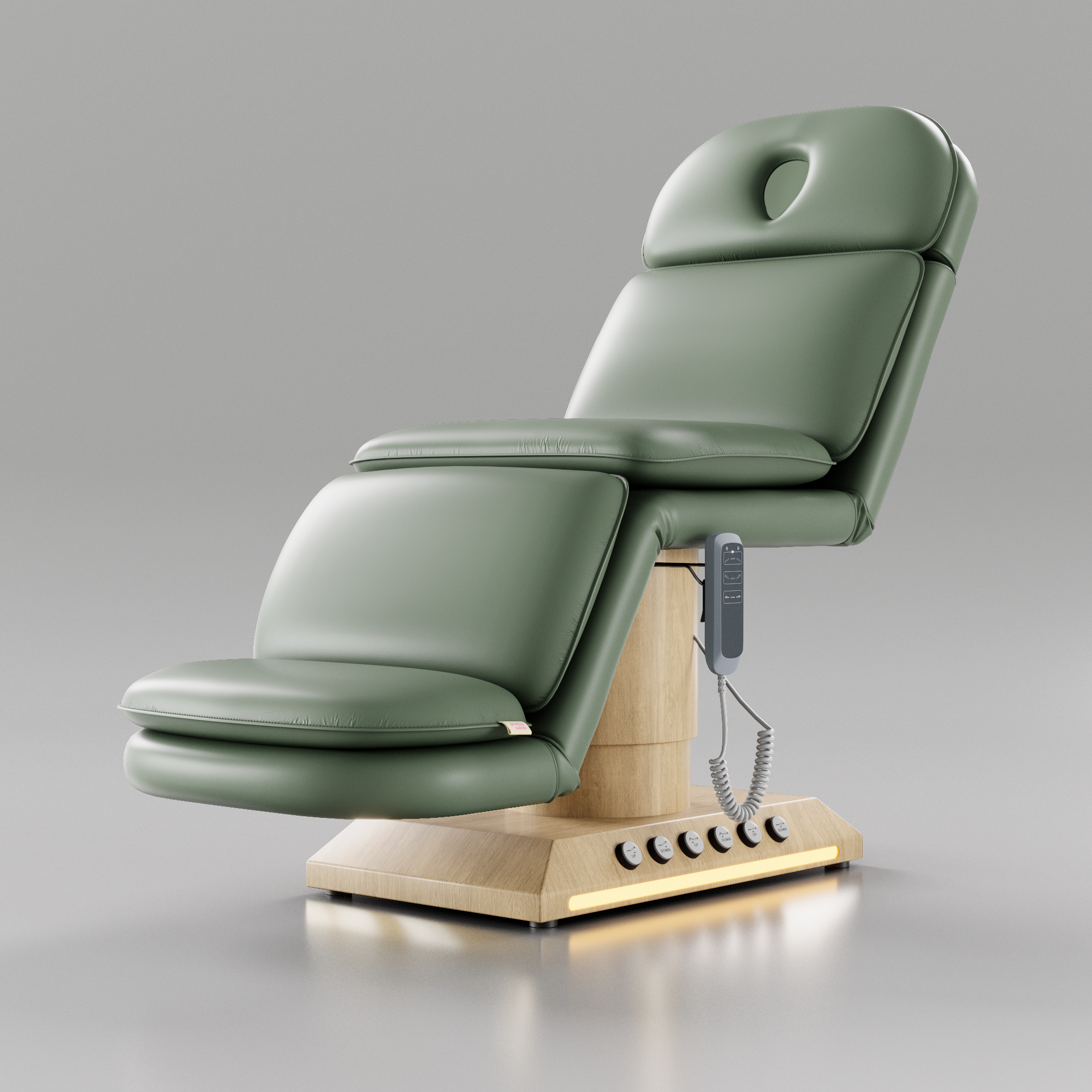 Sage green padded beauty bed with hand remote 