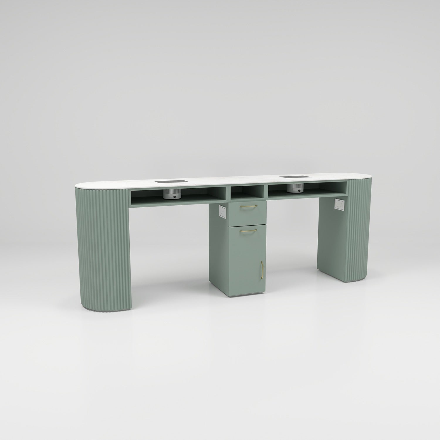 Sage Green Double Nail Desk with Extractor Fans and Plug Sockets 