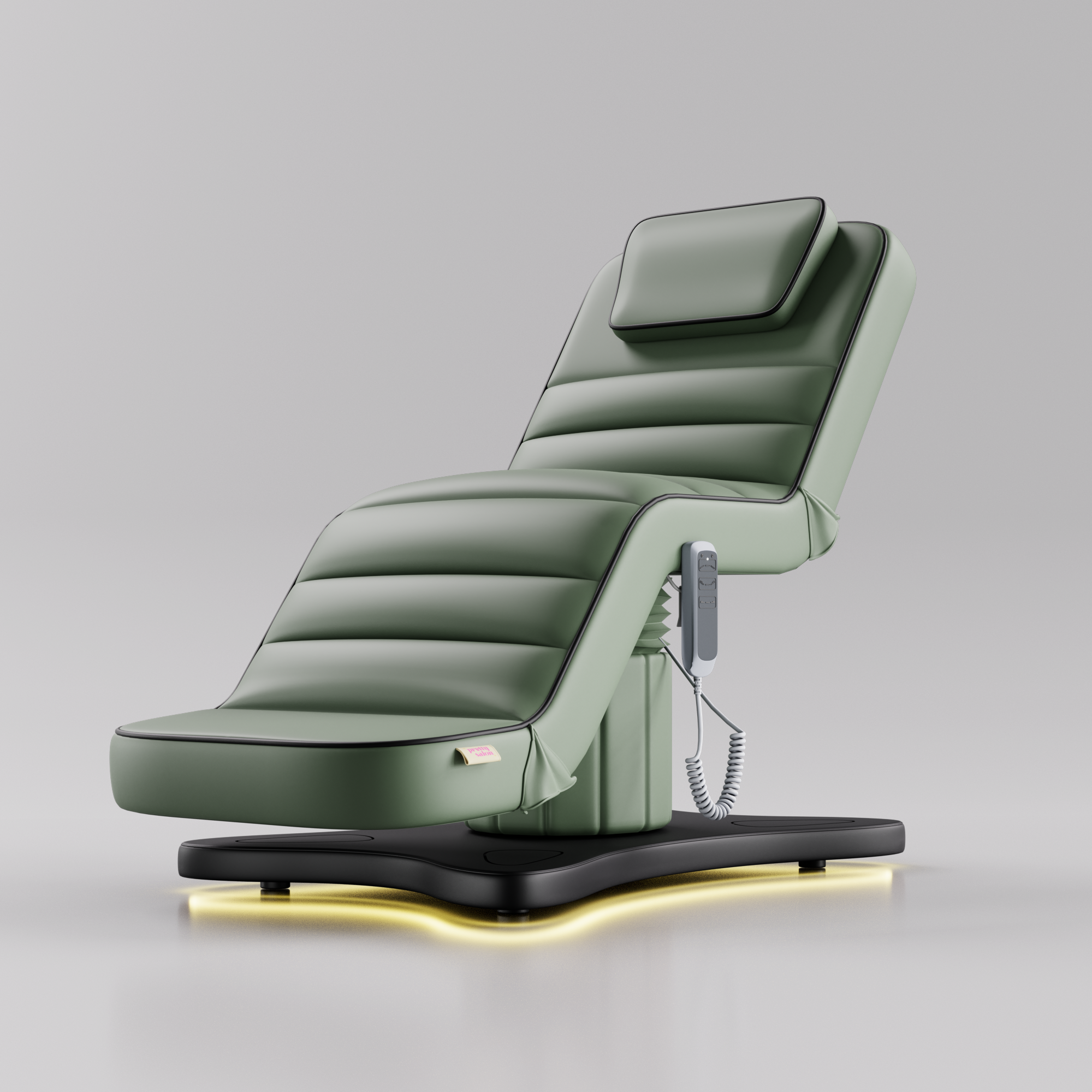 Sage green electric beauty bed with black base and black piping detail