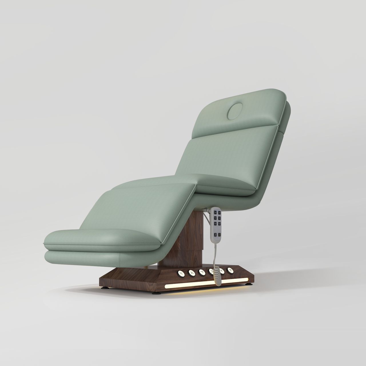 Green Leather Padded Beauty Bed with Wood Base including Foot controls