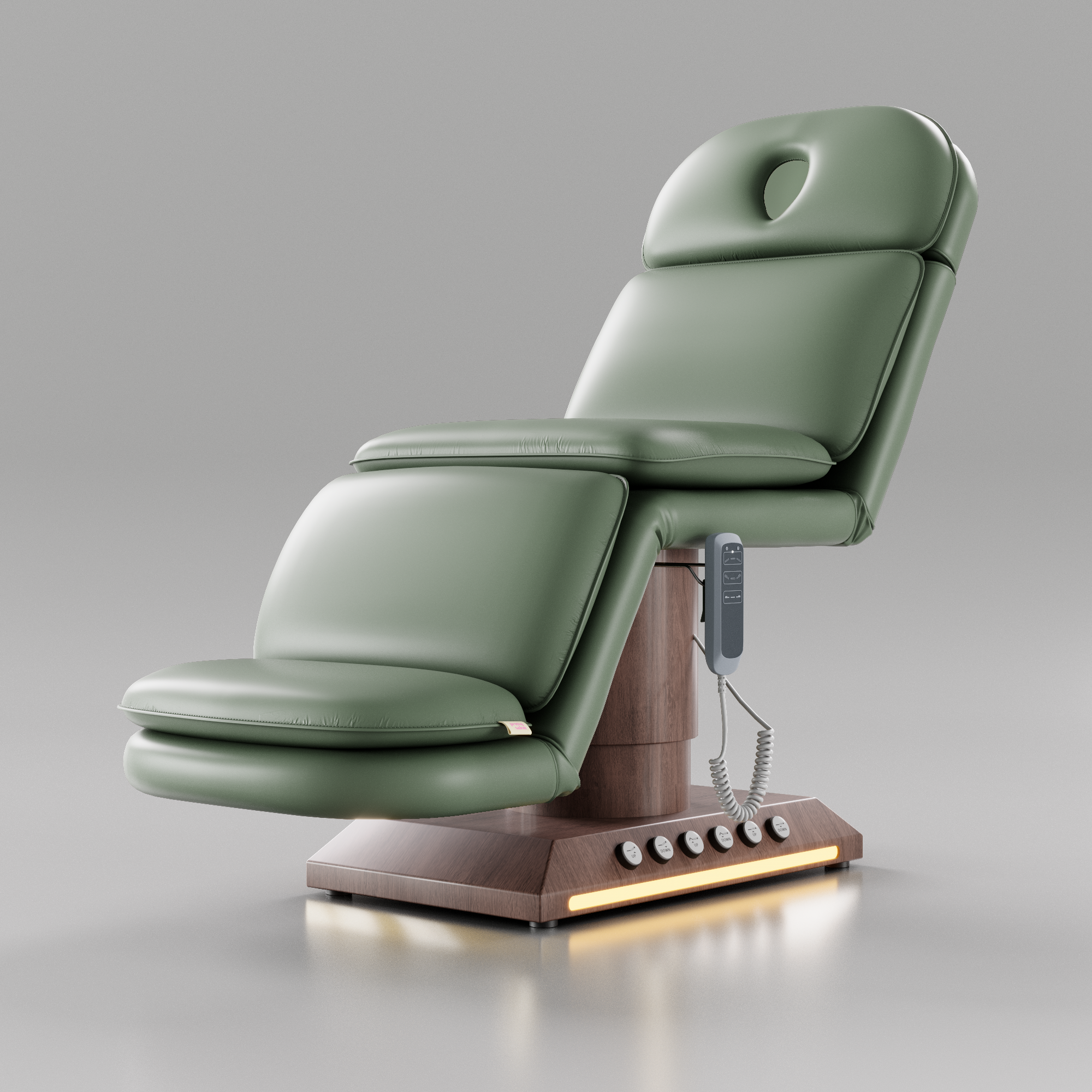 Green Leather Padded Beauty Bed with Wood Base including Foot controls