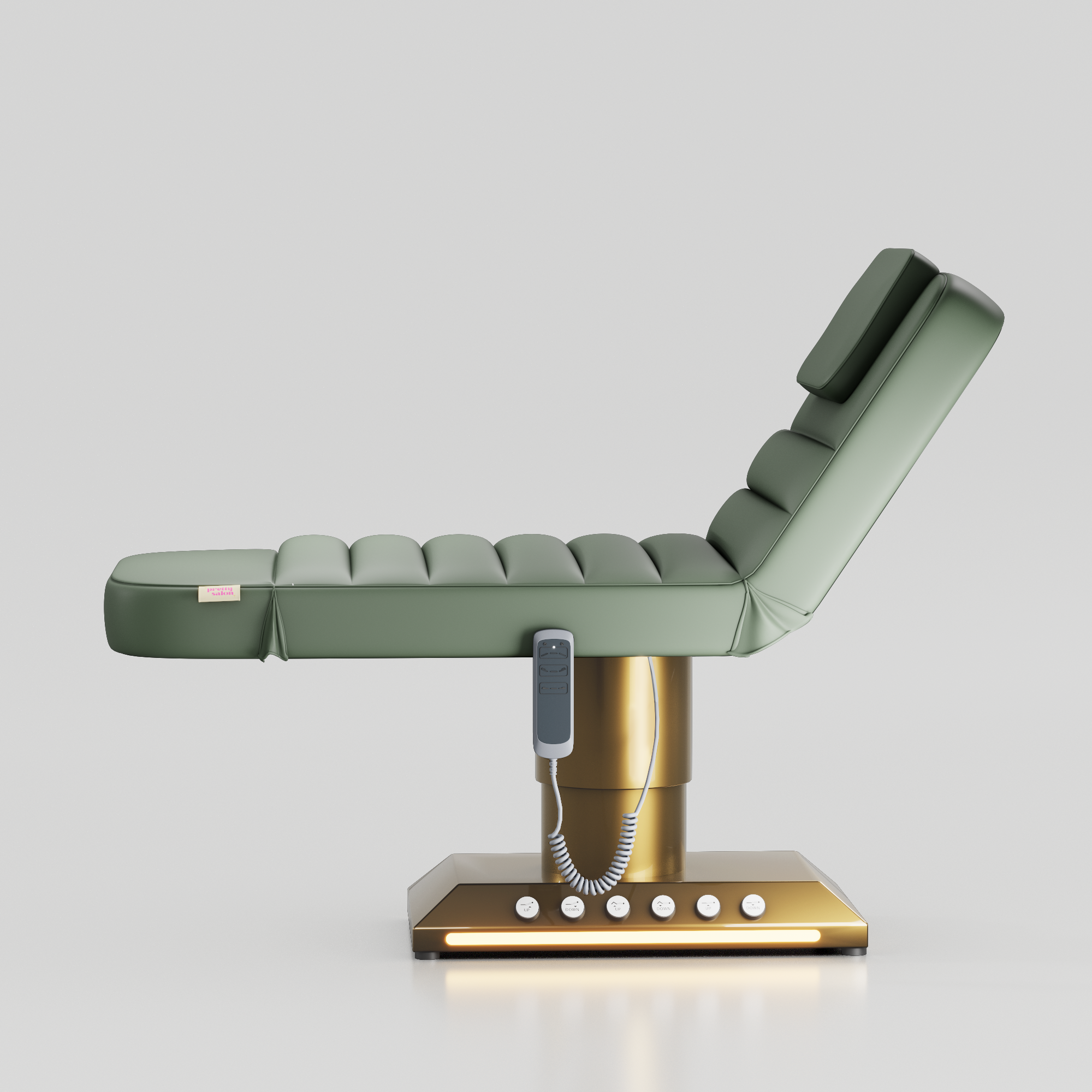 Sage green adjustable beauty bed with gold base and built in foot control for treatments