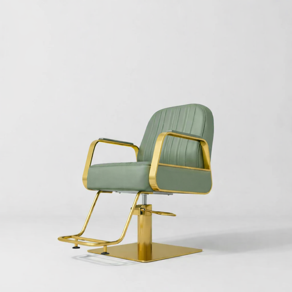 Green Hair Chair with Gold Footrest and Square Base
