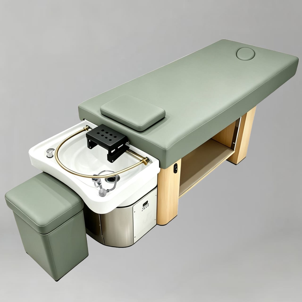 Massaage bed with white sink, gold halo and stool
