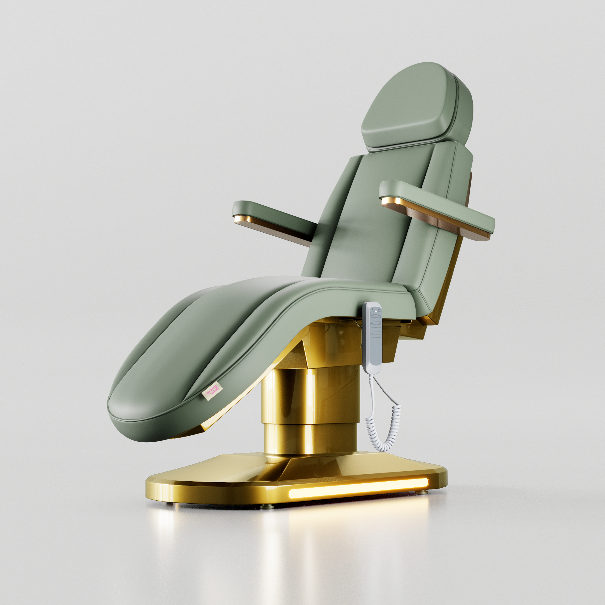 Sage green curved electric beauty bed with gold base for beauty and aesthetic treatments