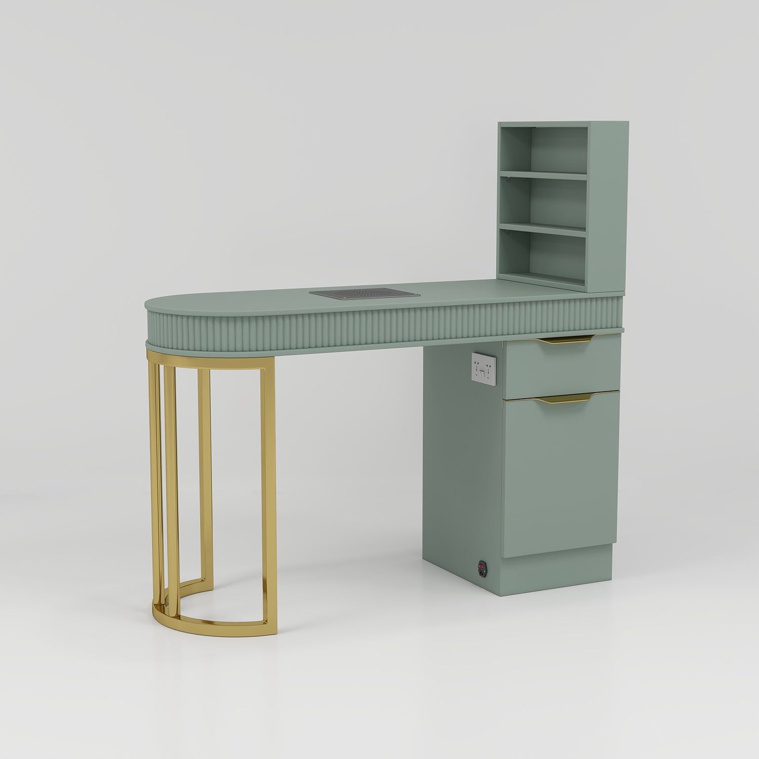Manicure Table in Sage Green with Gold Legs and Storage