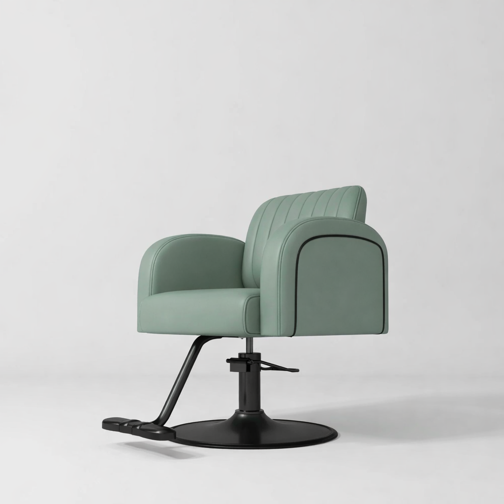 Sage Green Leather Hair Chair with Black Circle Base and Piping