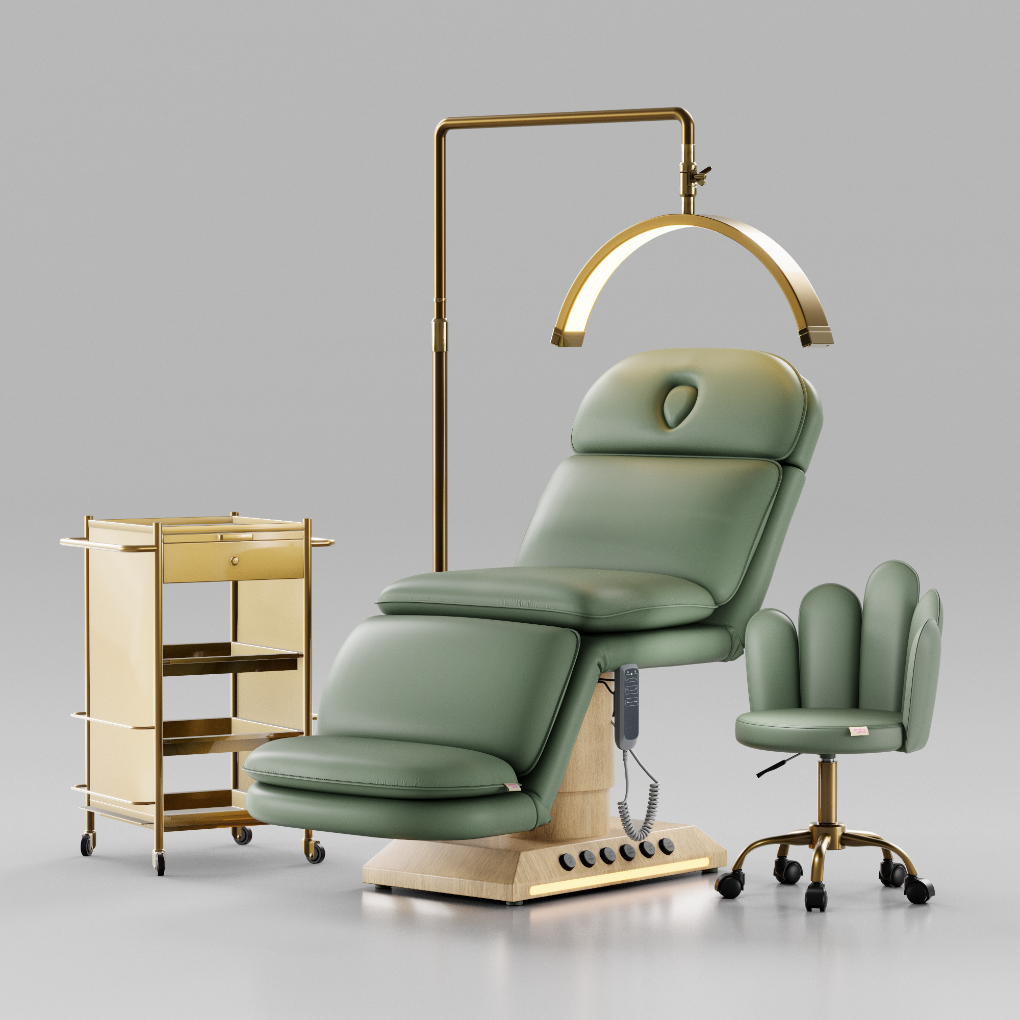 luxury beauty bed with foot control and light oak base with moonlight, trolley, stool and beauty bed. 