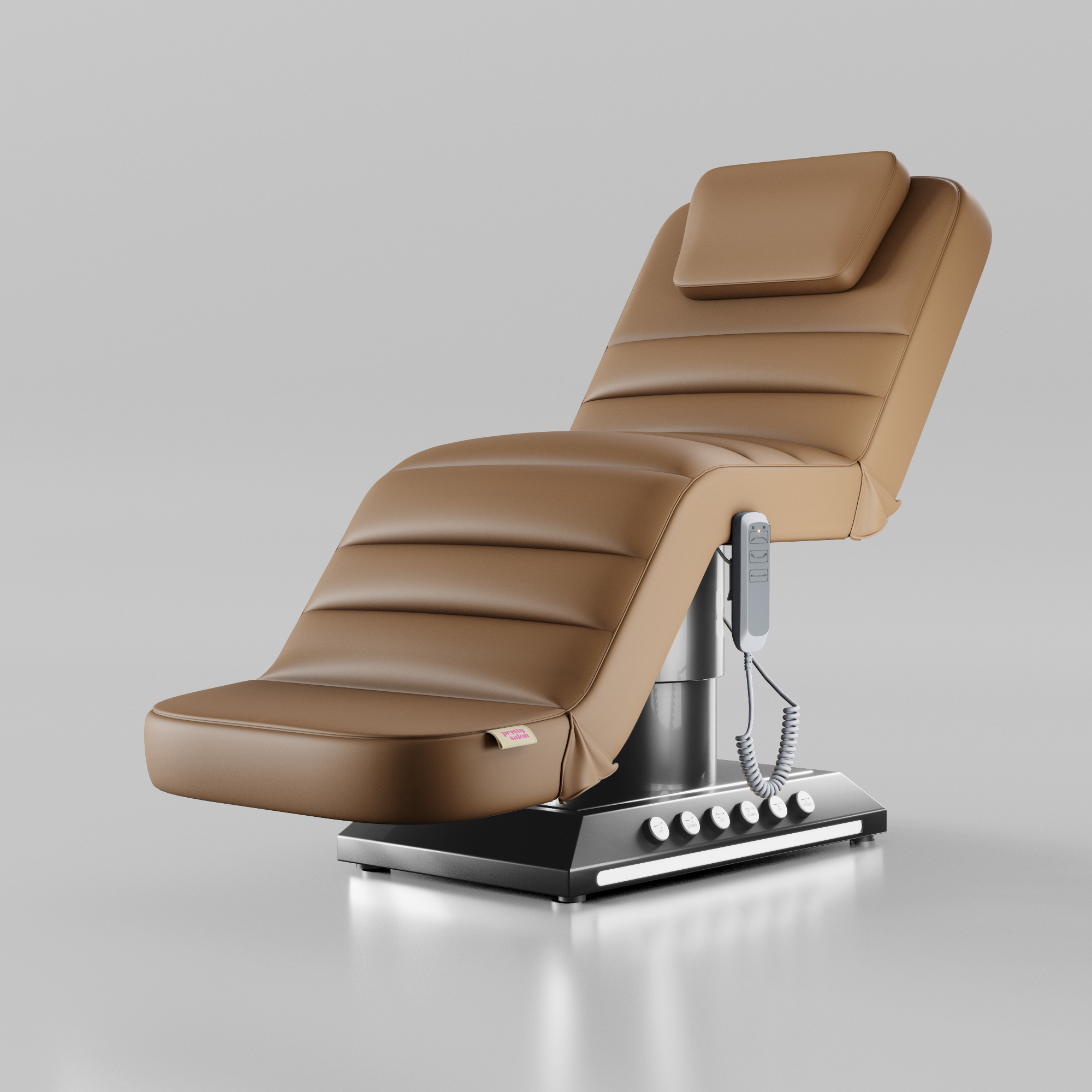 Soft brown electric beauty bed with foot control, adjustable backrest and chrome black base