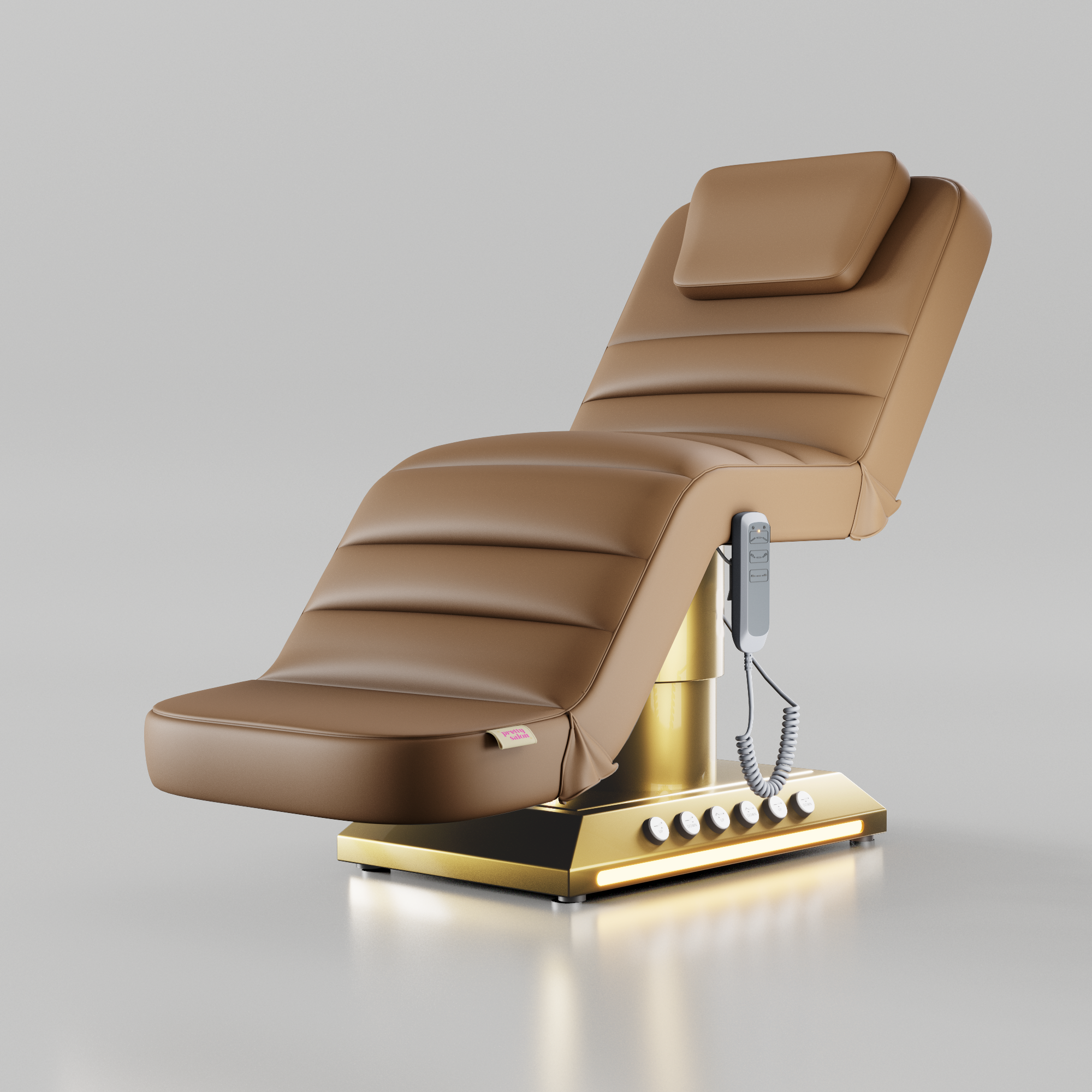 Soft brown electric beauty bed with foot control, adjustable backrest and gold base 