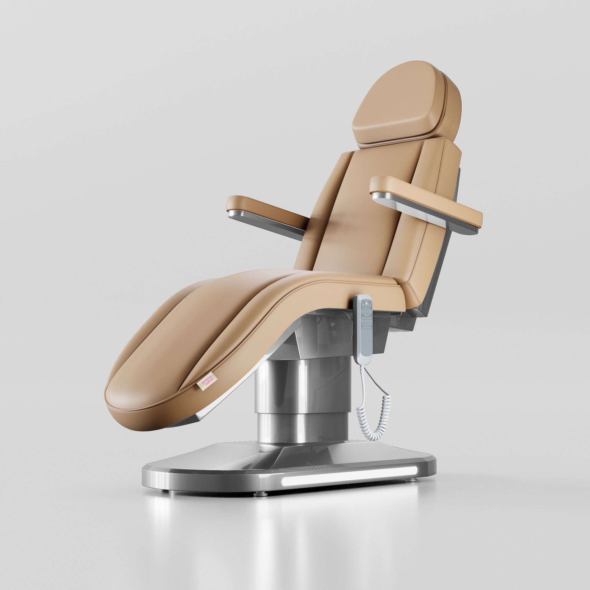 Soft brown curved electric beauty bed with silver base and reclining backrest 