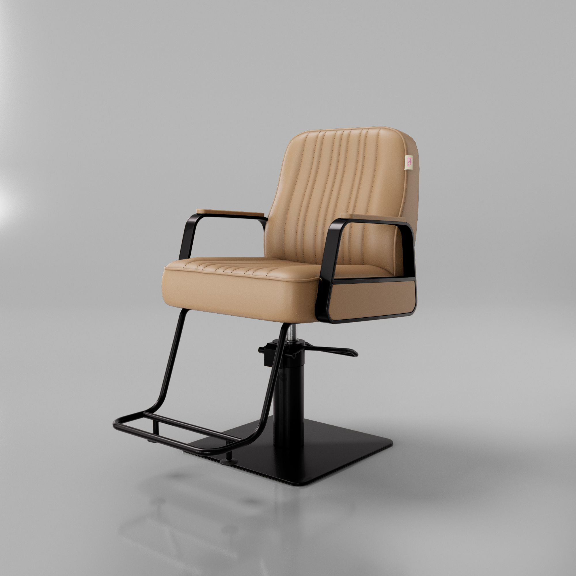 Adjustable styling chair with a black base for hair salons. 