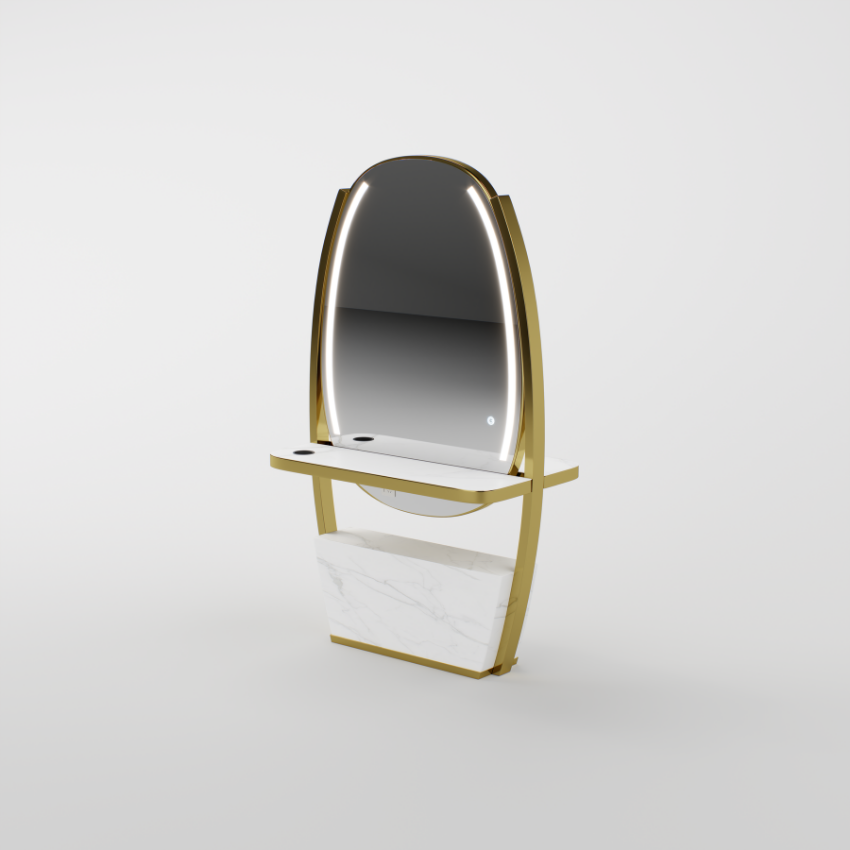 Double sided hairdressing mirror with gold frame and white marble effect