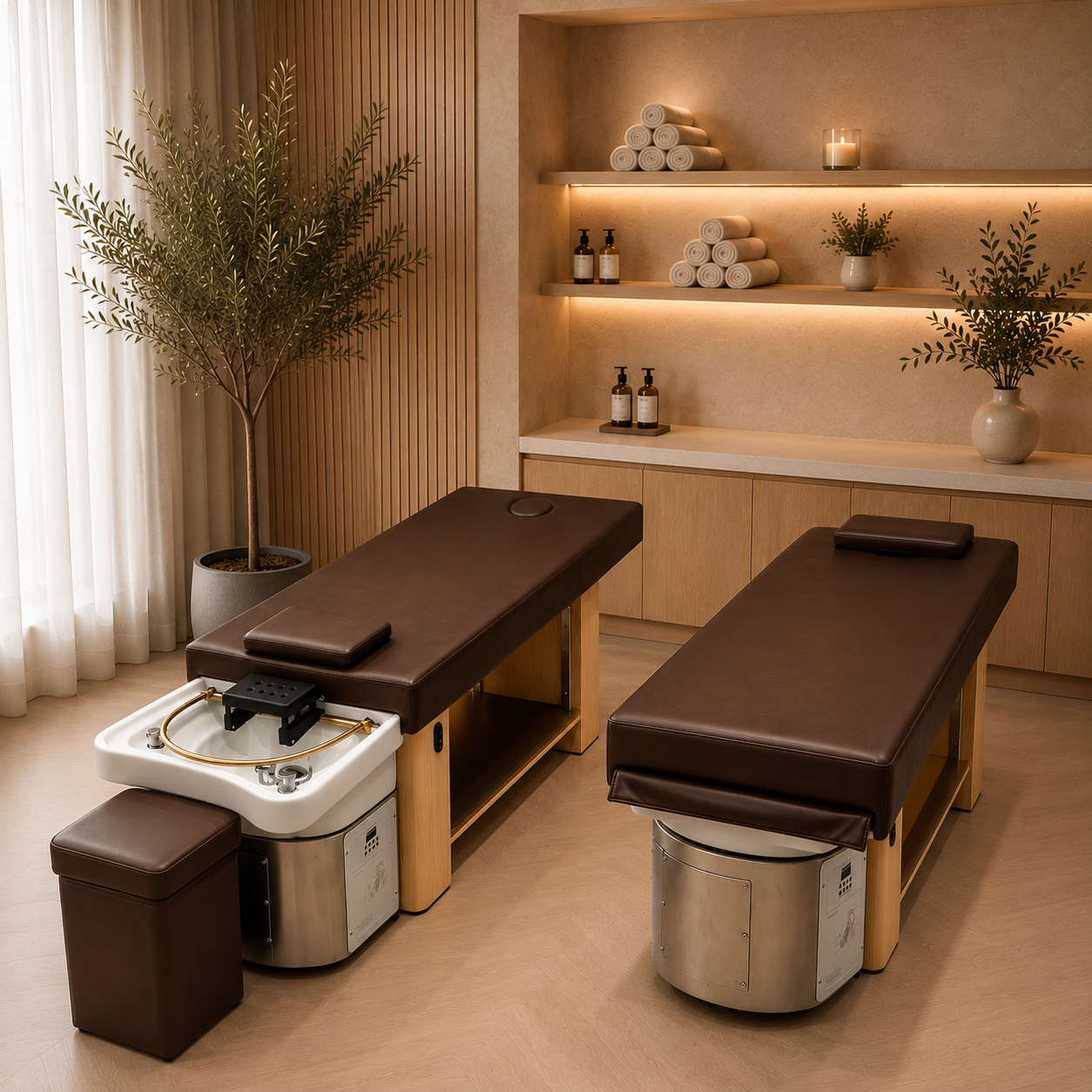 Two massage tables in a spa setting with shelves and plants.