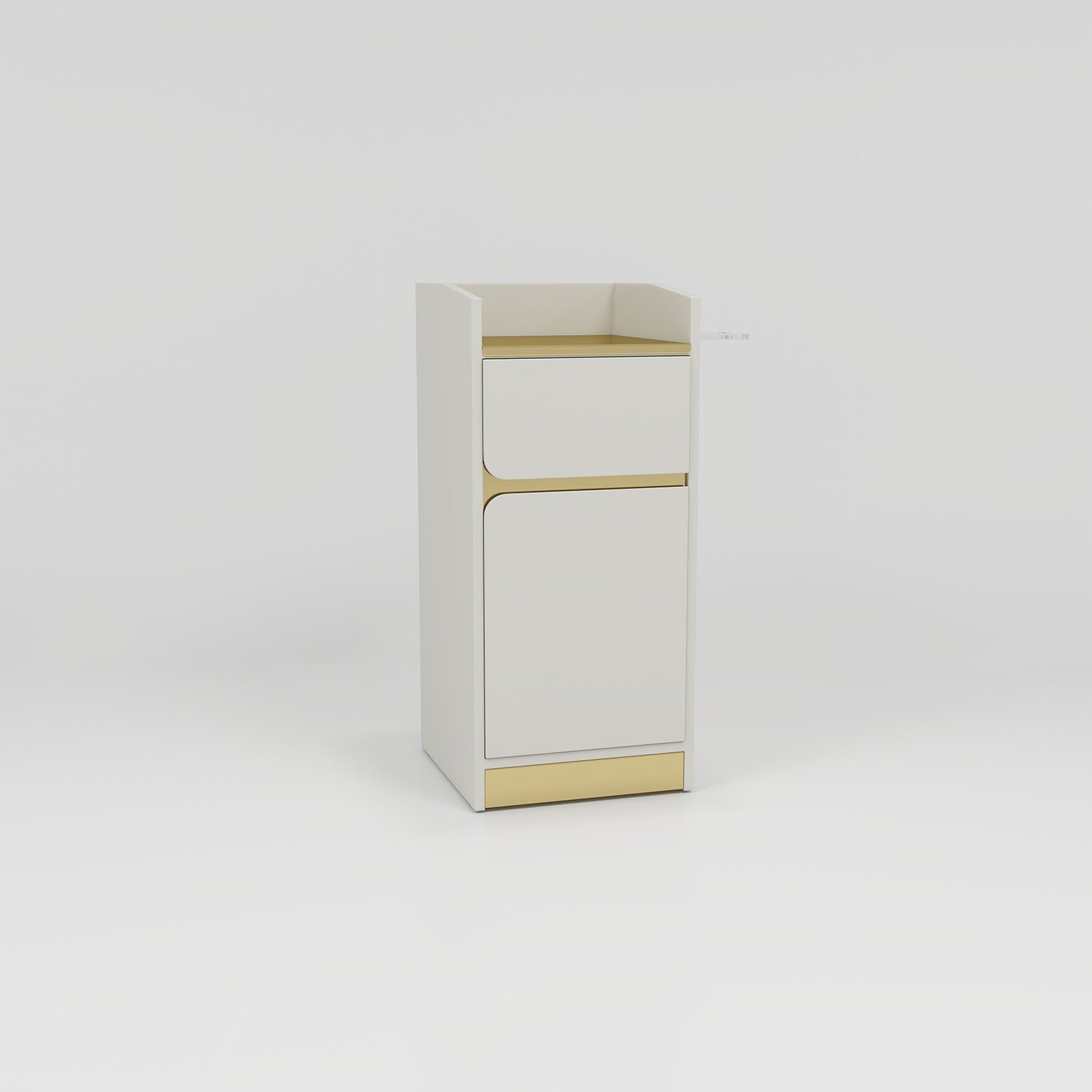 Cabinet in white and gold with shelf, draw and cupboard
