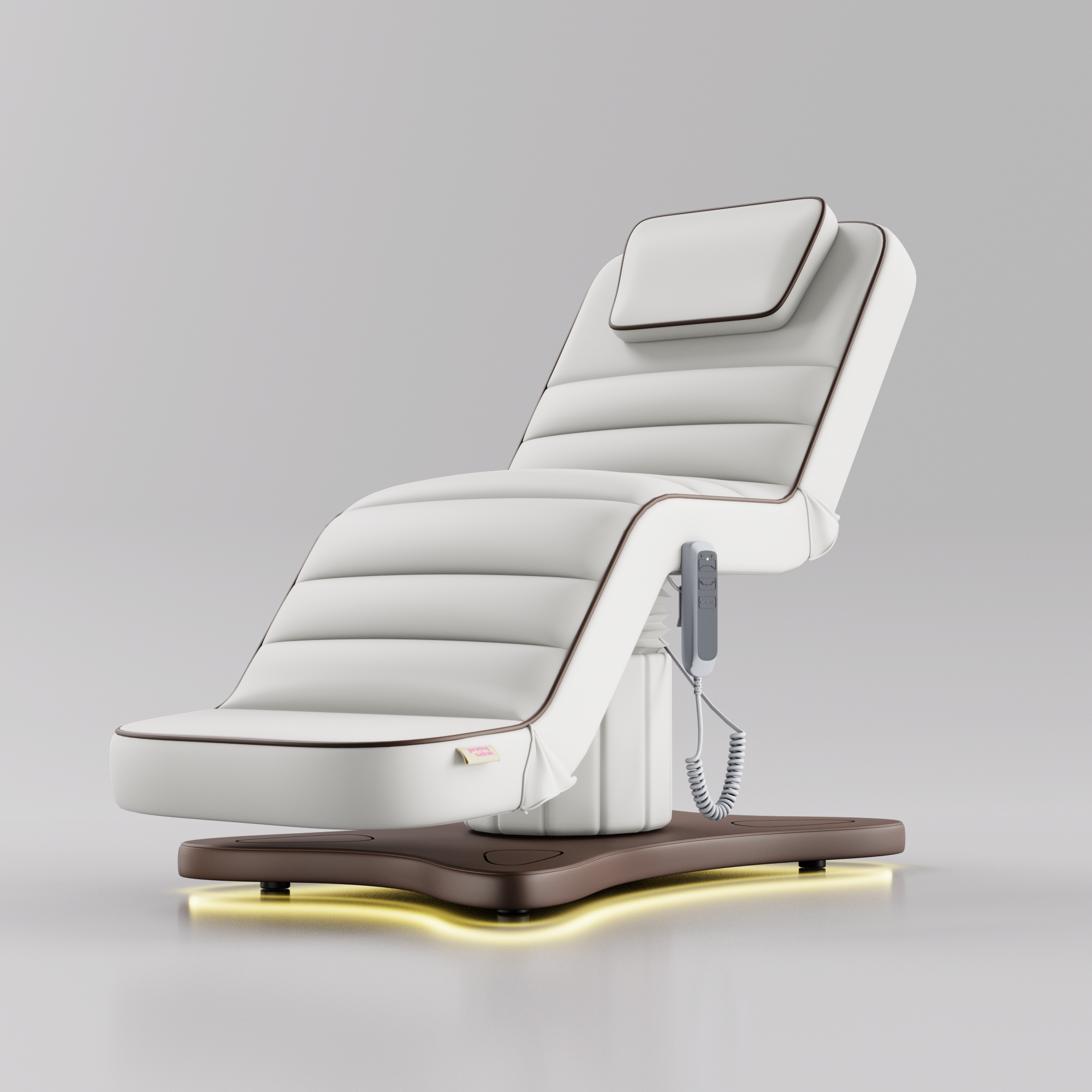 White electric beauty bed with brown base and brown piping for beauty treatments