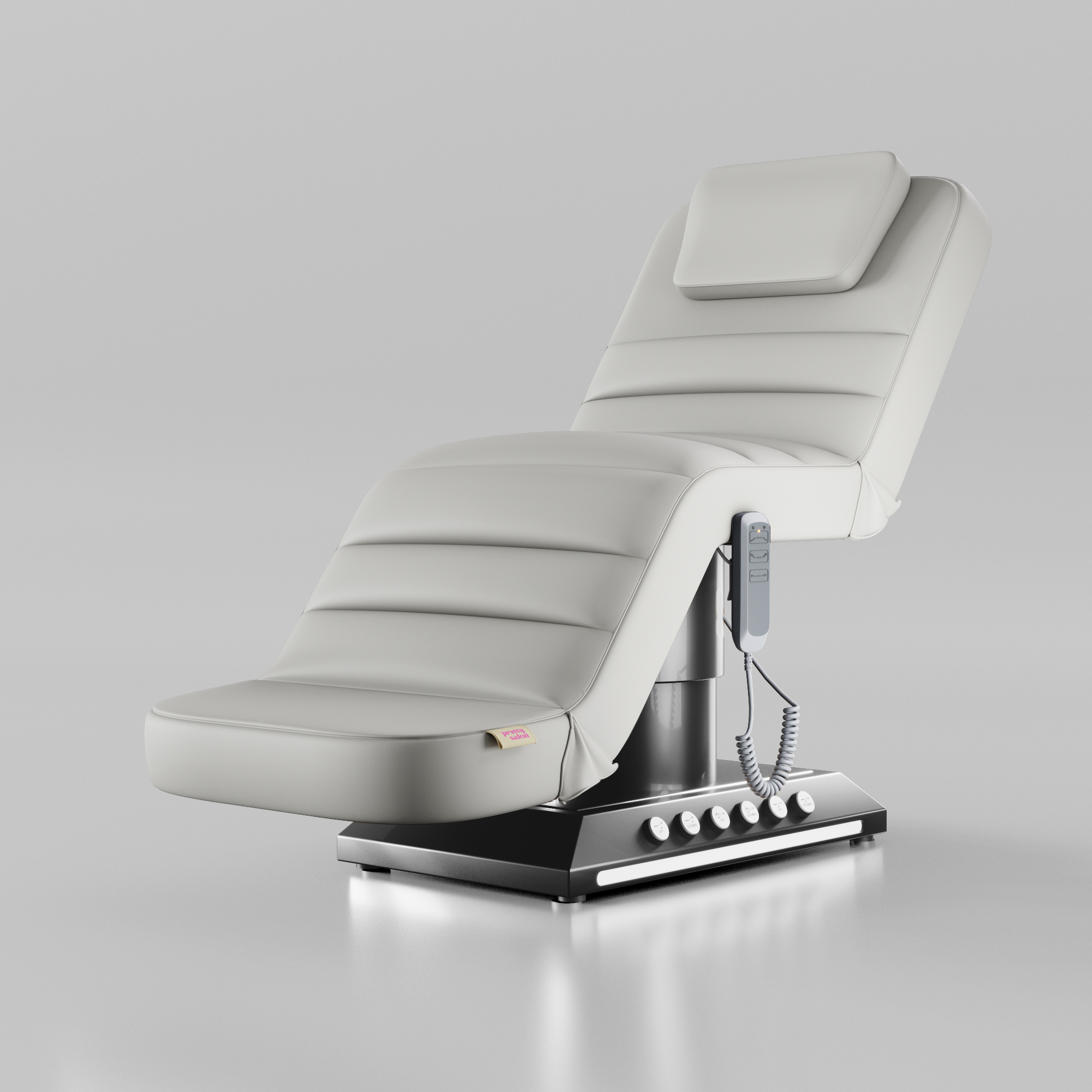 White electric beauty bed with adjustable positions, foot control and chrome black base